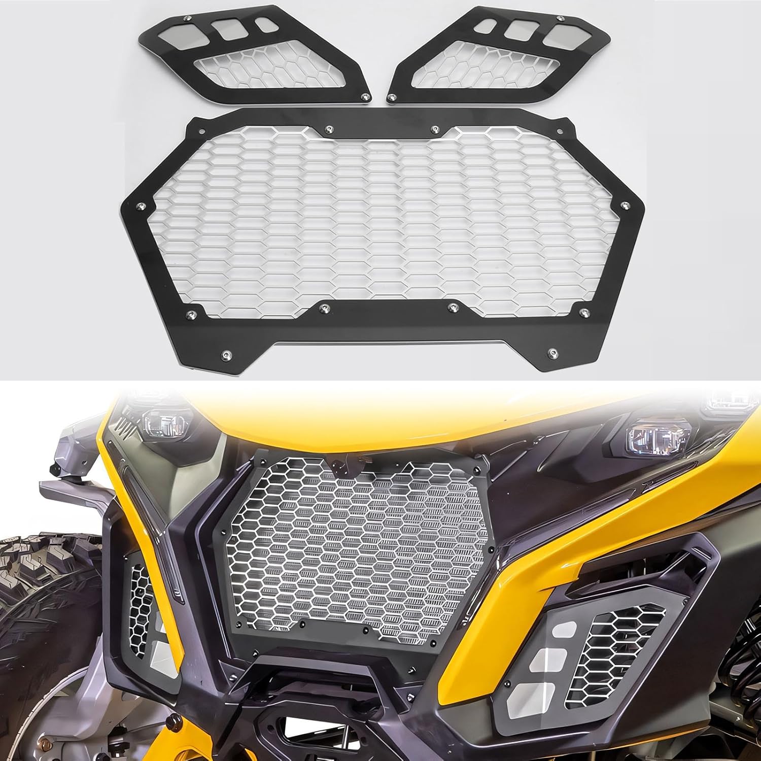 Aluminum Front Grille 3 Piece Kit for Can Am Maverick R, New Premium Billet Front Bumper Mesh Grill for CAN-AM MAVERICK R 2024+ All Models Accessories