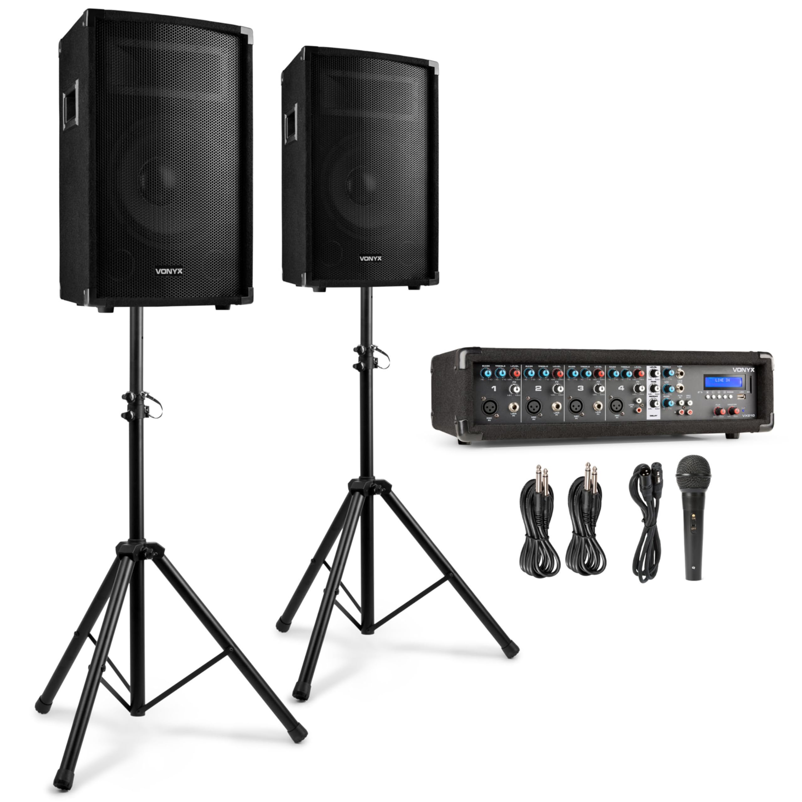 Vonyx VX210 – Sistema de Sonido Activo 800W con 2 Altavoces 10”, Mezclador 4 Canales, Bluetooth, USB, SD, Soportes y micrófono, Equipo de Sonido Profesional para Eventos, Fiestas y DJ, Color Negro