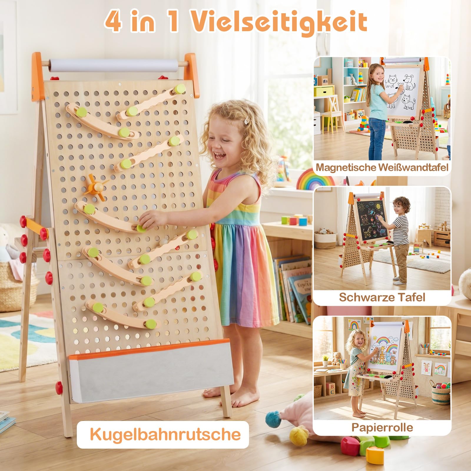 COSTWAY Tafel Kinder, Holz Spieltafel doppelseitig mit Magnet-Whiteboard, Papierrolle, Ablagefach & Murmelbahn, klappbare und höhenverstellbare Standtafel mit Zubehör für Kinder ab 3 Jahren