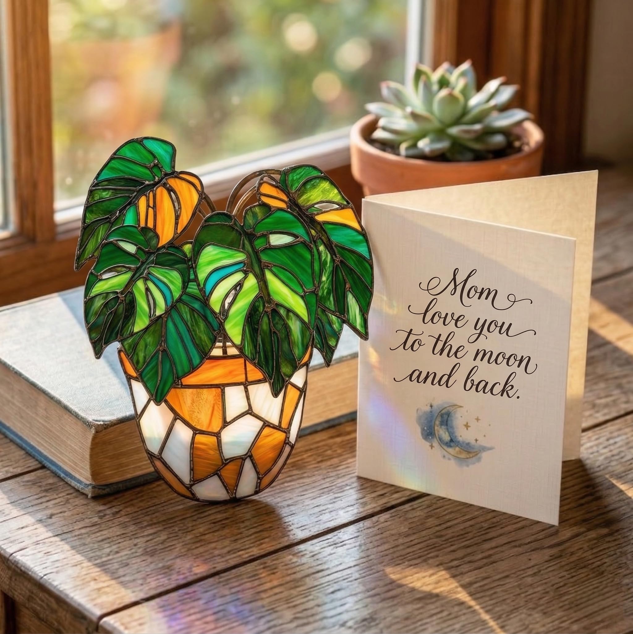 Monstera - Atrapasueños de resina hecho a mano, atrapasueños artesanal, efecto vitral, para colgar en ventanas, decoración de jardín, regalo para mujeres