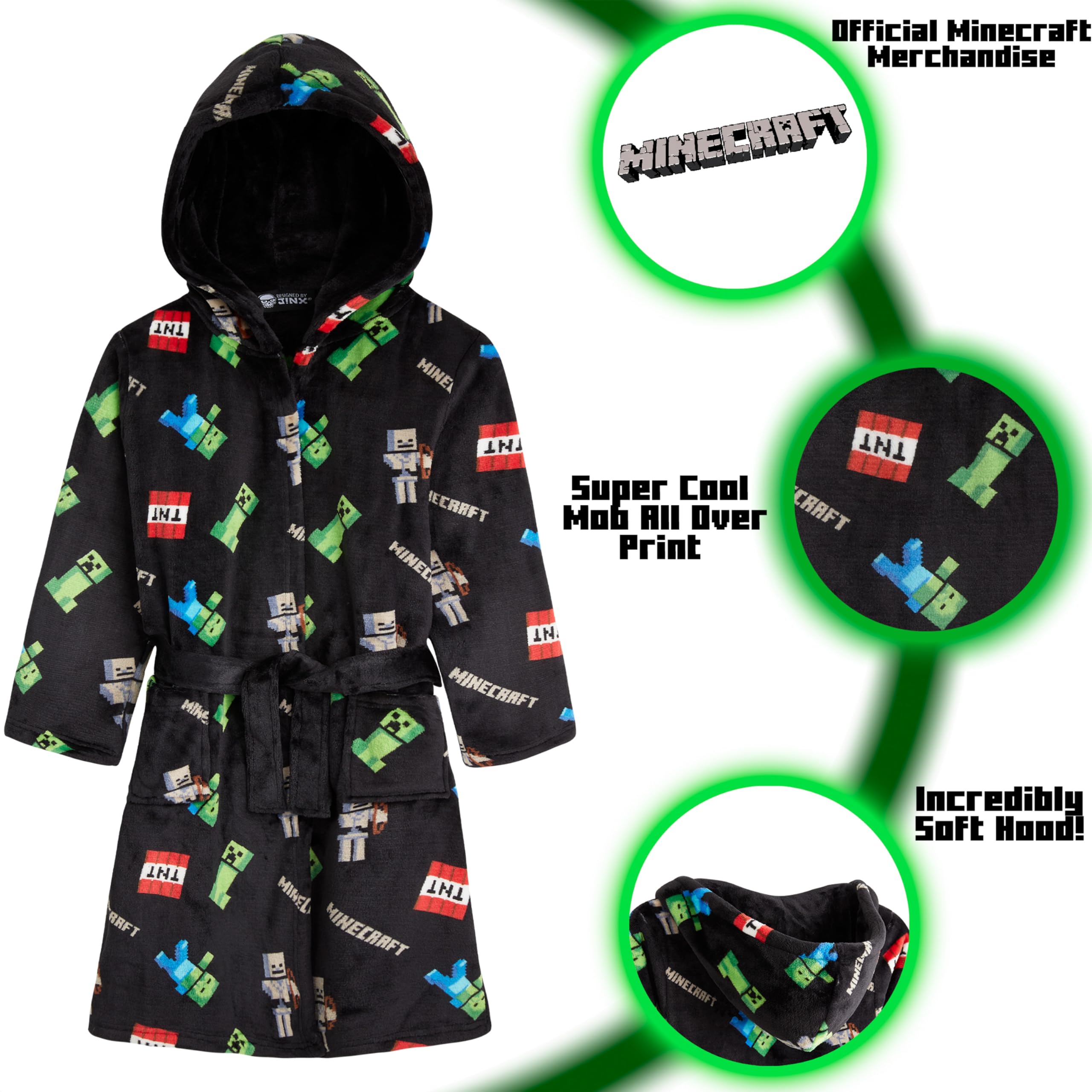 Minecraft Albornoz Niños Creeper Bata Adolescente en Felpa Suave con Capucha Cinturón y Bolsillos Ropa de Dormir Regalos para Niños