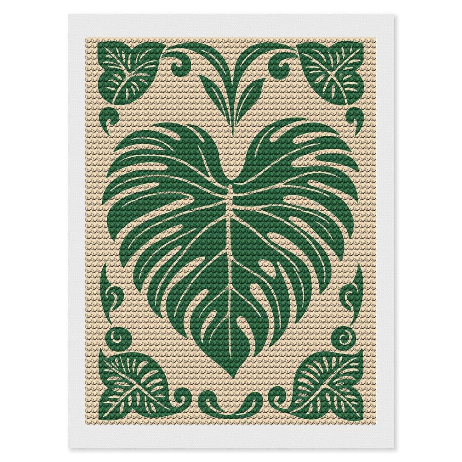 Junmoney Monstera Leaf Green Beige Illustration Diamond Painting Set 12"x16", Sparkling Round Gems, Decorate Your Room, Fun Craft Experience, Modern Decor
