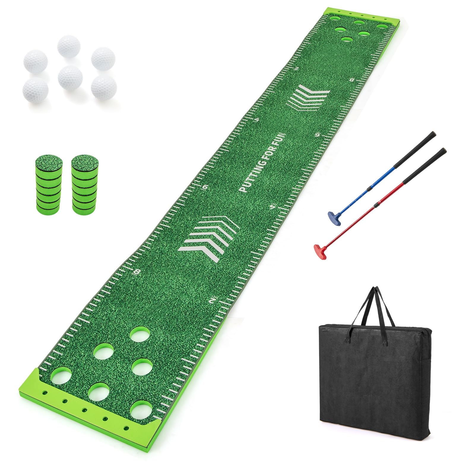 GOPLUS Tapis de Putting 332 x 50 CM Pliable et Portable avec 2 Putters Ajustables, 6 Balles et 12 Trous, Golf Putting pour Entraînement Golf, Intérieur et Extérieur, pour Maison, Bureau, Piscine