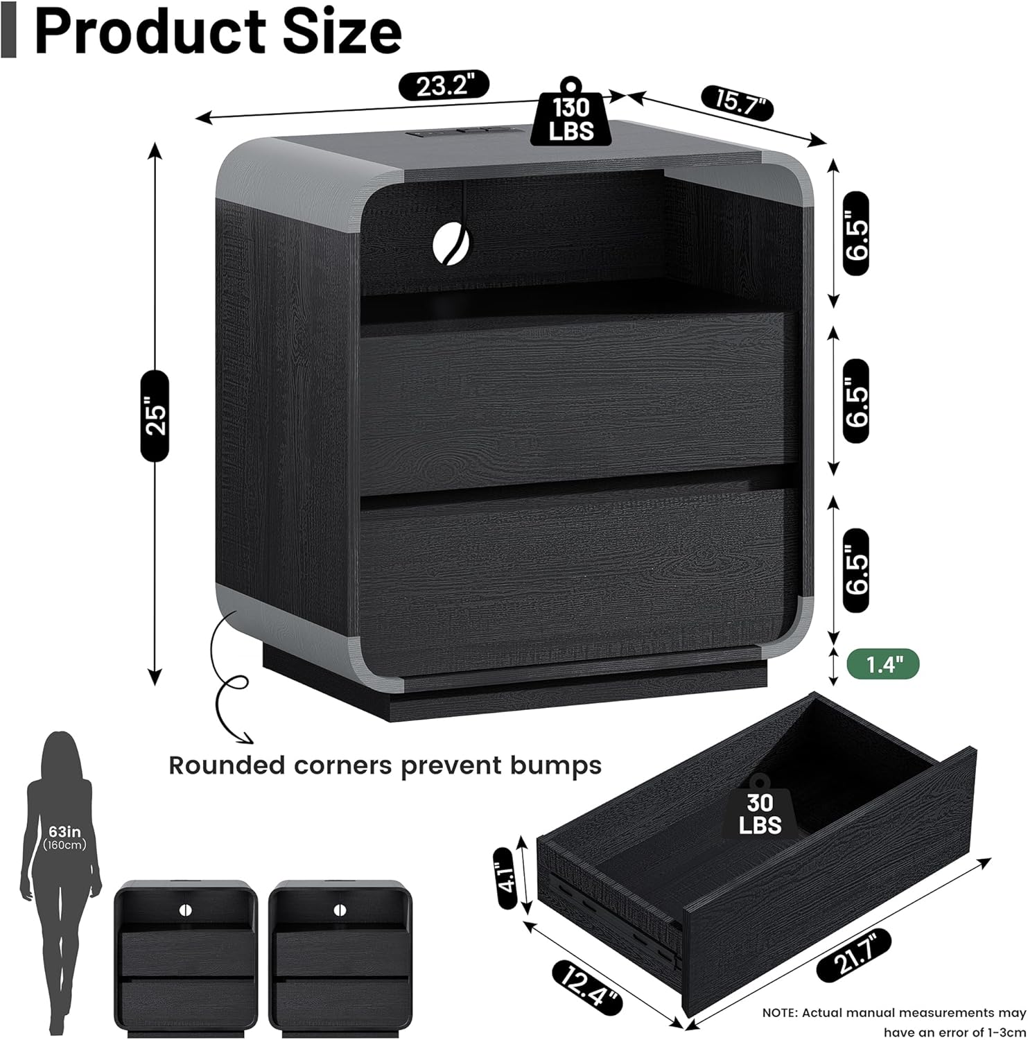Product dimensions of the Standifurno Black 2-Drawer Nightstand