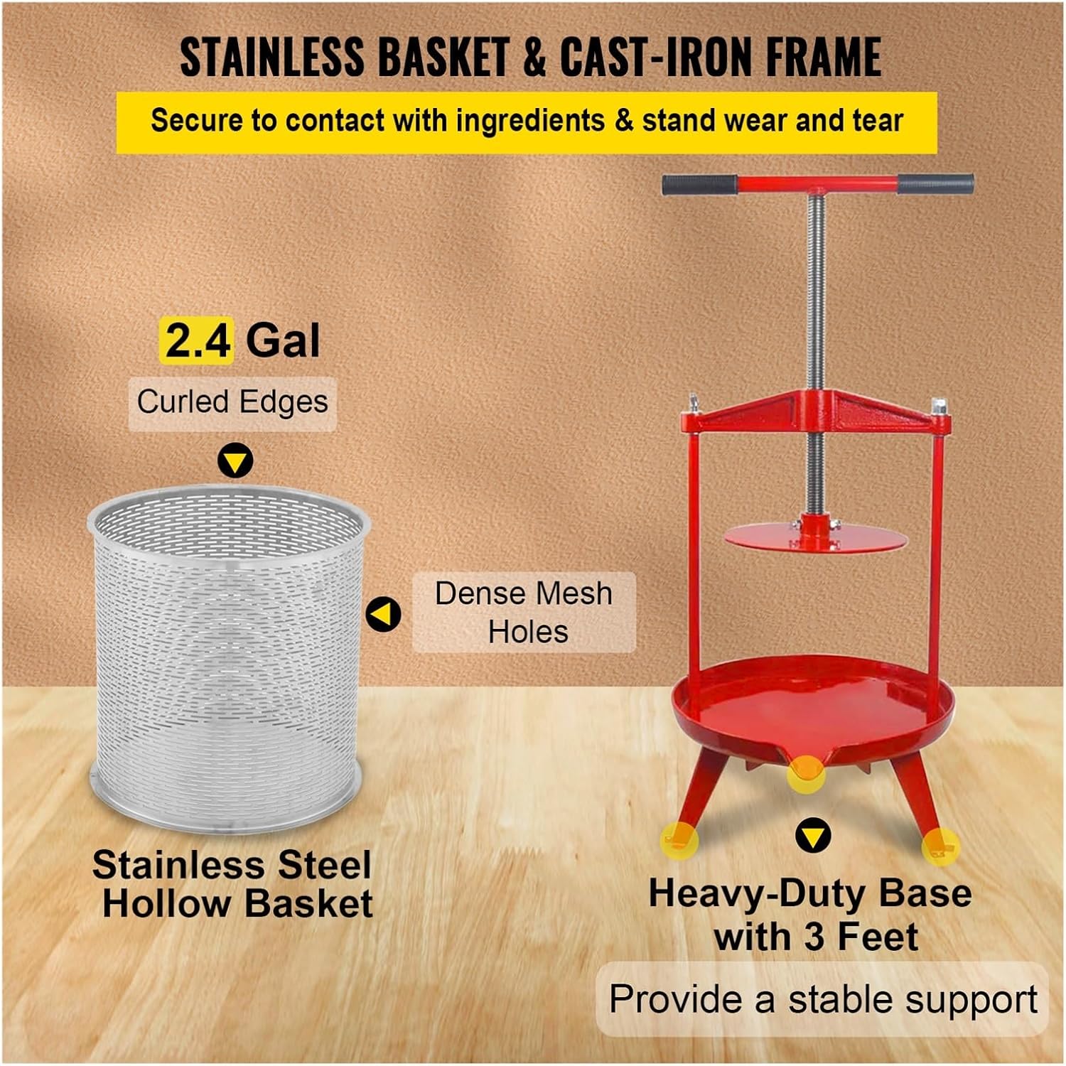 Fruit Wine Press Manual Press For Wine Making 1.3/2.4/3.7Gal 5/9/14L Stainless Steel Basket Red Silver Wine Grape Press(14L)