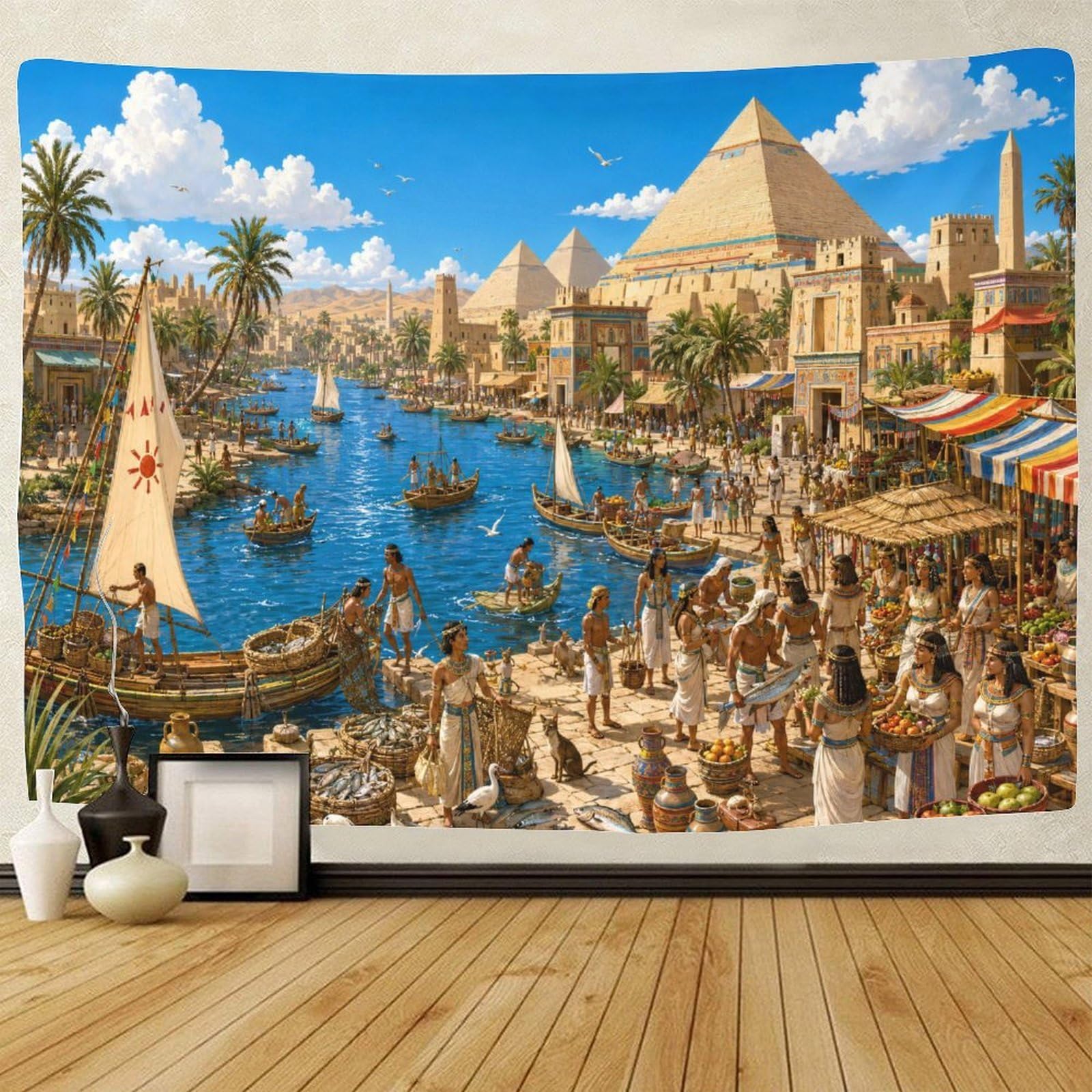 GPMNBCXZK The Nile River in Ancient Egypt 3D Print Wall Tapestry Wall Hanging Decor Pyramid Tapestries Poster Curtain Living Room College Dorm 150cmx200cm