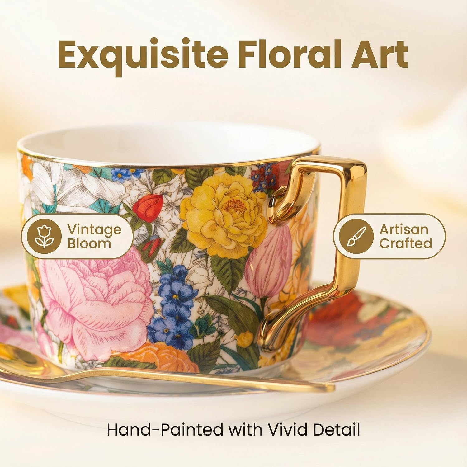 Hand Painted Floral Coffee Cup and Saucer Set with Spoon, Vintage Porcelain Tea Cup, Gift Box Included - Elegant Tea & Espresso Cups for Women, Mother's Day, Birthday Gifts (Red Garden)