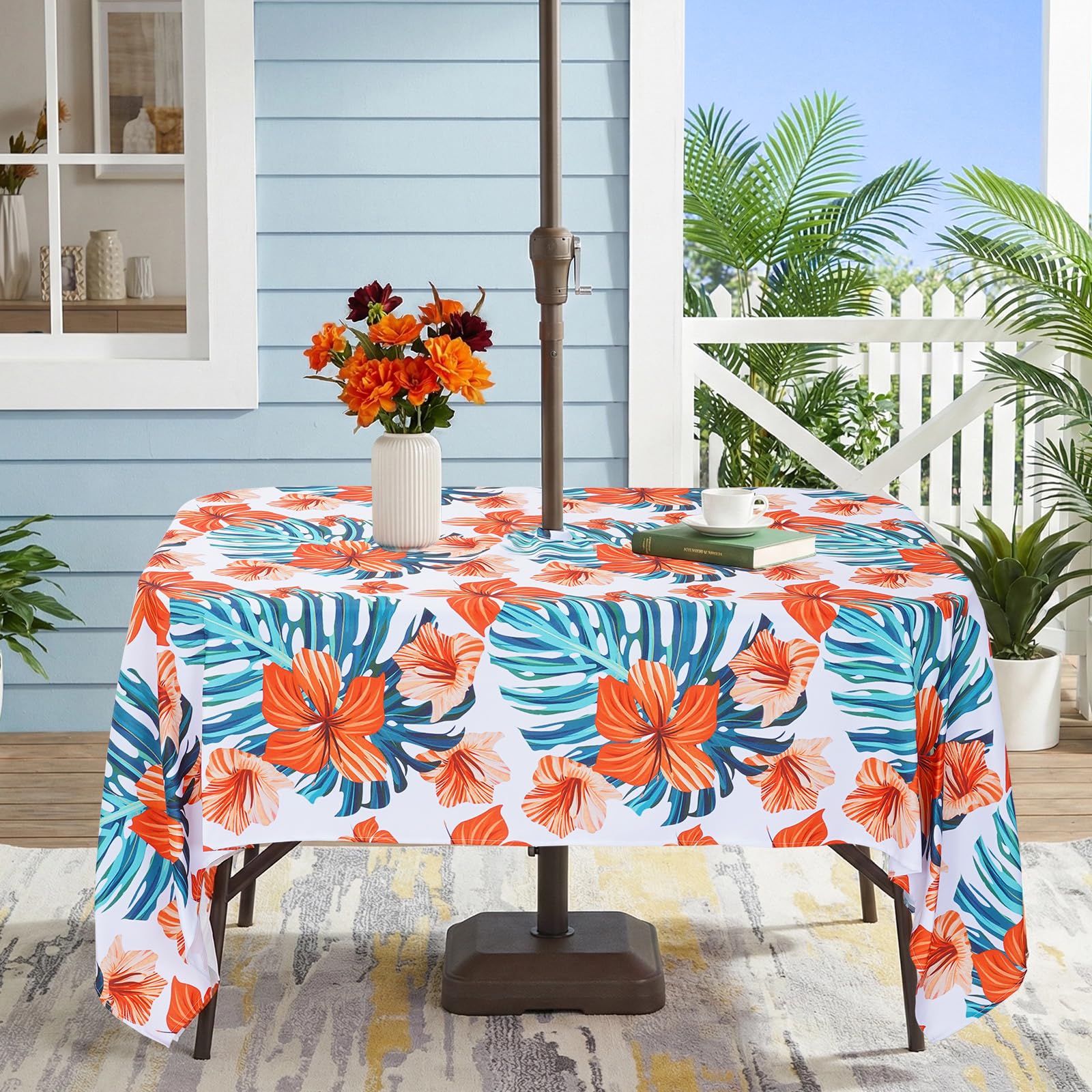 Eternal Beauty 60''X84” Rectangle Tablecloth Waterproof Outdoor Tablecloth with Umbrella Hole Zipper for Patio Spring Summer Picnic Tables (Orange Flower)