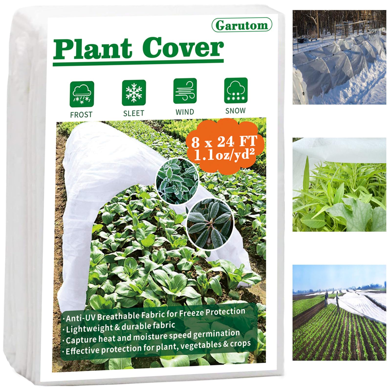 Garutom Cubiertas para plantas de 8 x 24 pies, 1.1 onzas, protección contra heladas, mantas para plantas al aire libre, cubiertas de invierno o hileras flotantes, tela de sombra para jardines