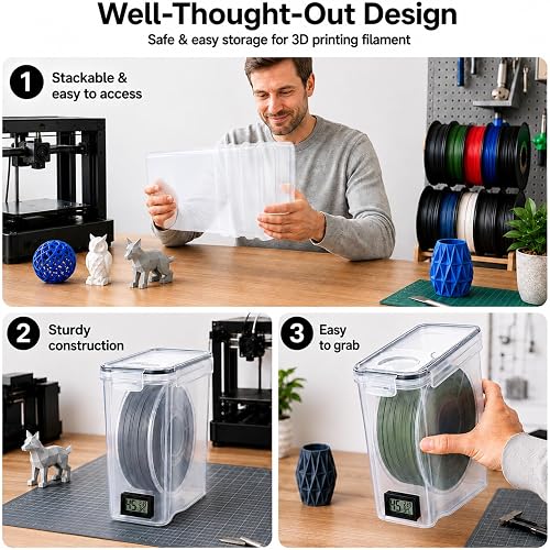 Lot de 6 boîtes de rangement pour filament pour impression 3D, boîte étanche visible avec moniteur de température et d'humidité, paquets de déshydratants, étiquettes et stylo, étanche à l'humidité - 3