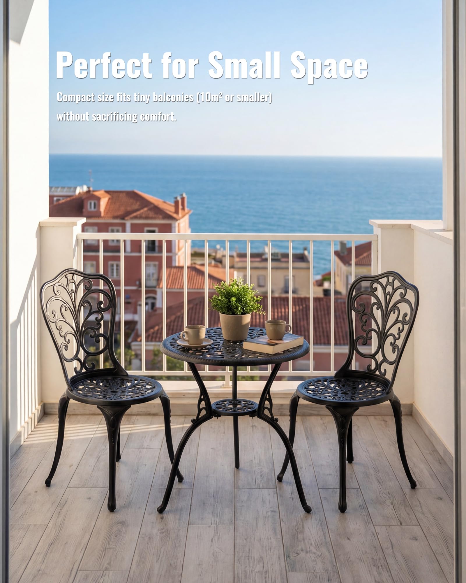 Set Tavolo e Sedie da Giardino 3 Pezzi in Alluminio Pressofuso, Set Bistrò da Esterno Antiruggine per Balcone, Veranda e Patio, Design Vintage con Motivo a Vite, Nero