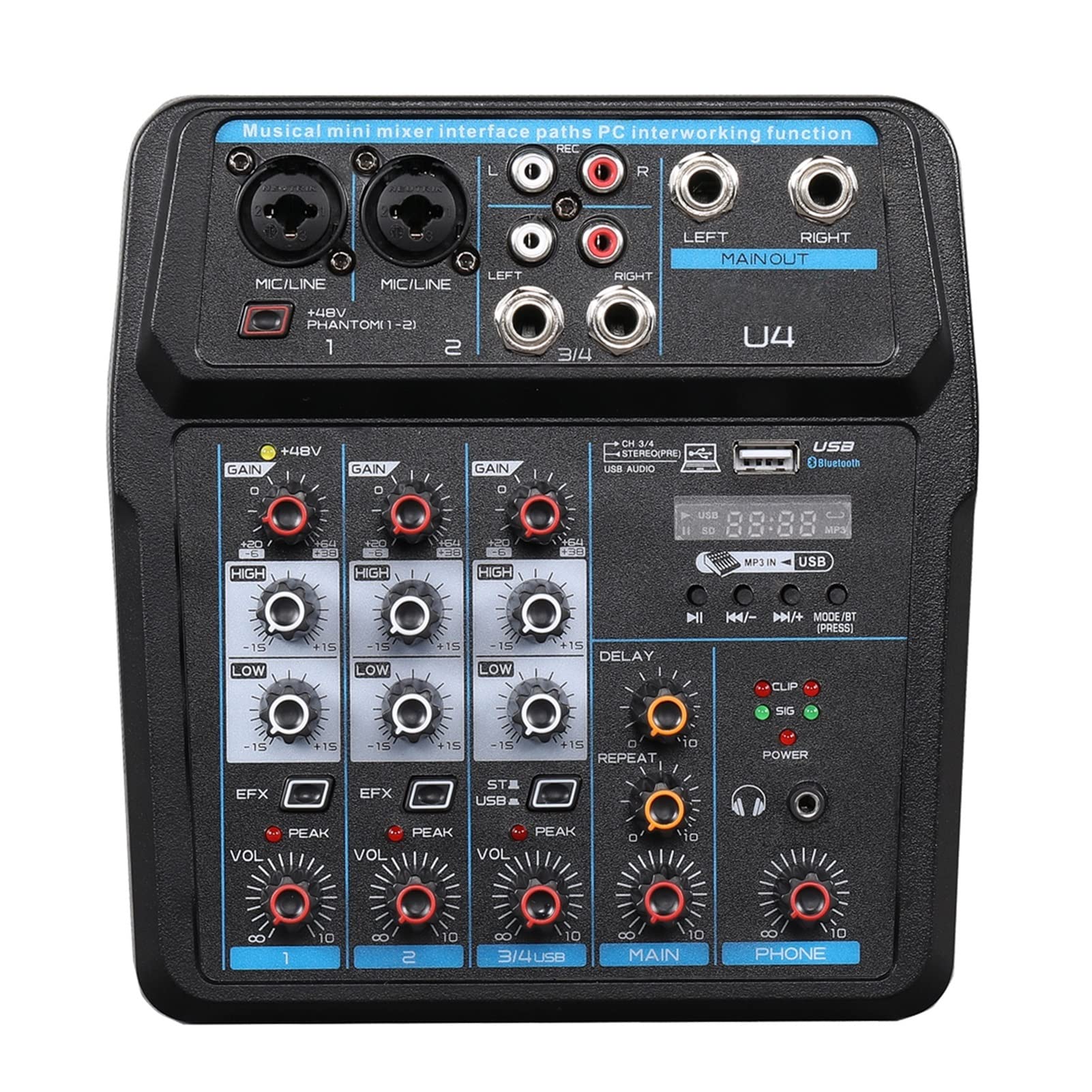 Attrezzatura per DJ per Feste Canale della Serie 4/6 DJ Mixer Multifunzionale Mixer Audio Mixer di Registrazione for Computer(U4black)