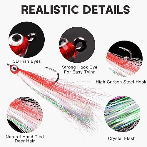 Miniatura 12 de Clouser Minnow - Señuelo de pesca con mosca, señuelo de pesca con mosca de agua salada, moscas de lubina a rayas de pesca con cola de buque