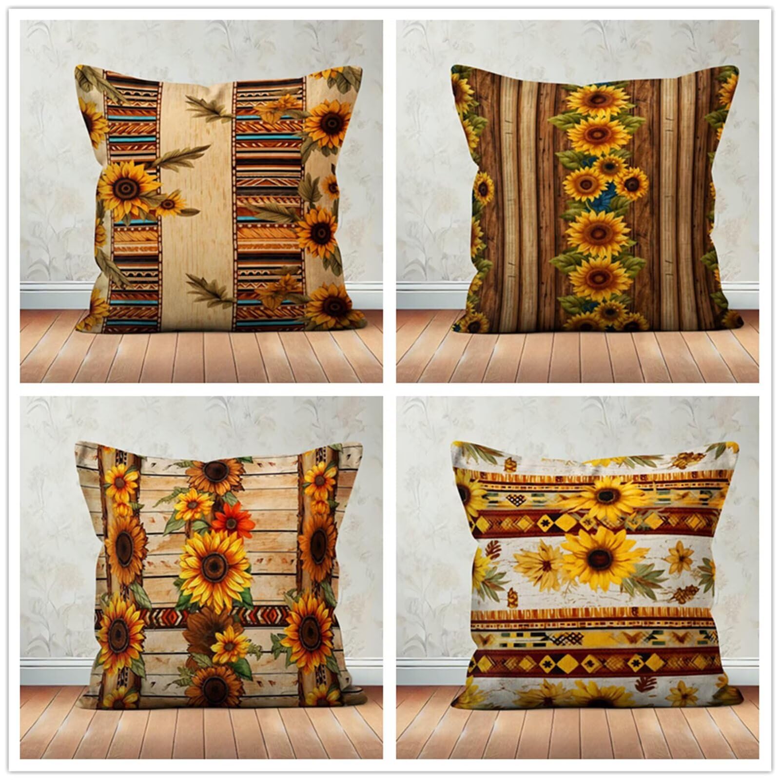 Heaen Outdoor Cushions Covers Waterproof 55x55 cm Set of 4 Square Linen Pillow Cases Vintage Sunflowers Decorative Dushions for Sofa Porch Patio Home Decor