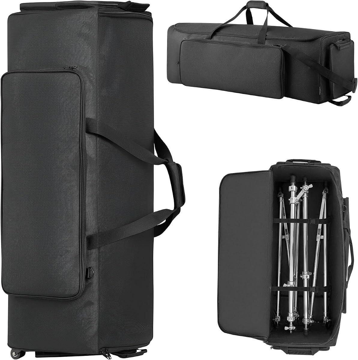 Drum Hardware Bag with Wheels, 1680D, Drum Set Equipment Carry Bag, Carrying Case with Sturdy Handle, Durable Zipper, Smooth PVC Wheels, Multiple Pockets, for Hardware and Stand Accessory, Black