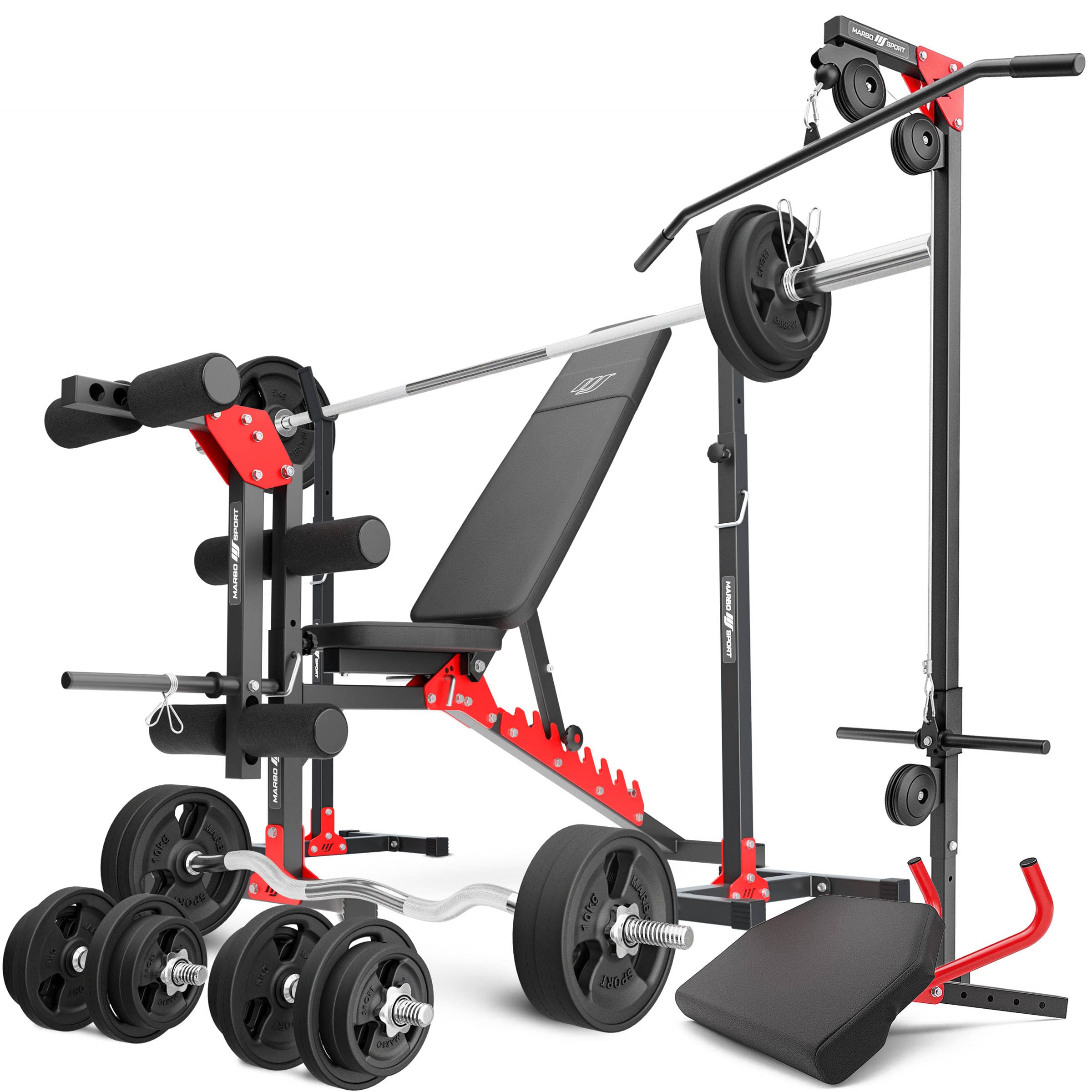 Marbo Sport Set MH25 2.0 | Banco de musculación MH-L115 + 2 x soportes para mancuernas MH-S201 + entrenador de piernas MH-A102 + estación de tiro lateral MH-W104 + escritorio curl MH-A101 | Set 83kg / 113kg para elegir |Made in EU