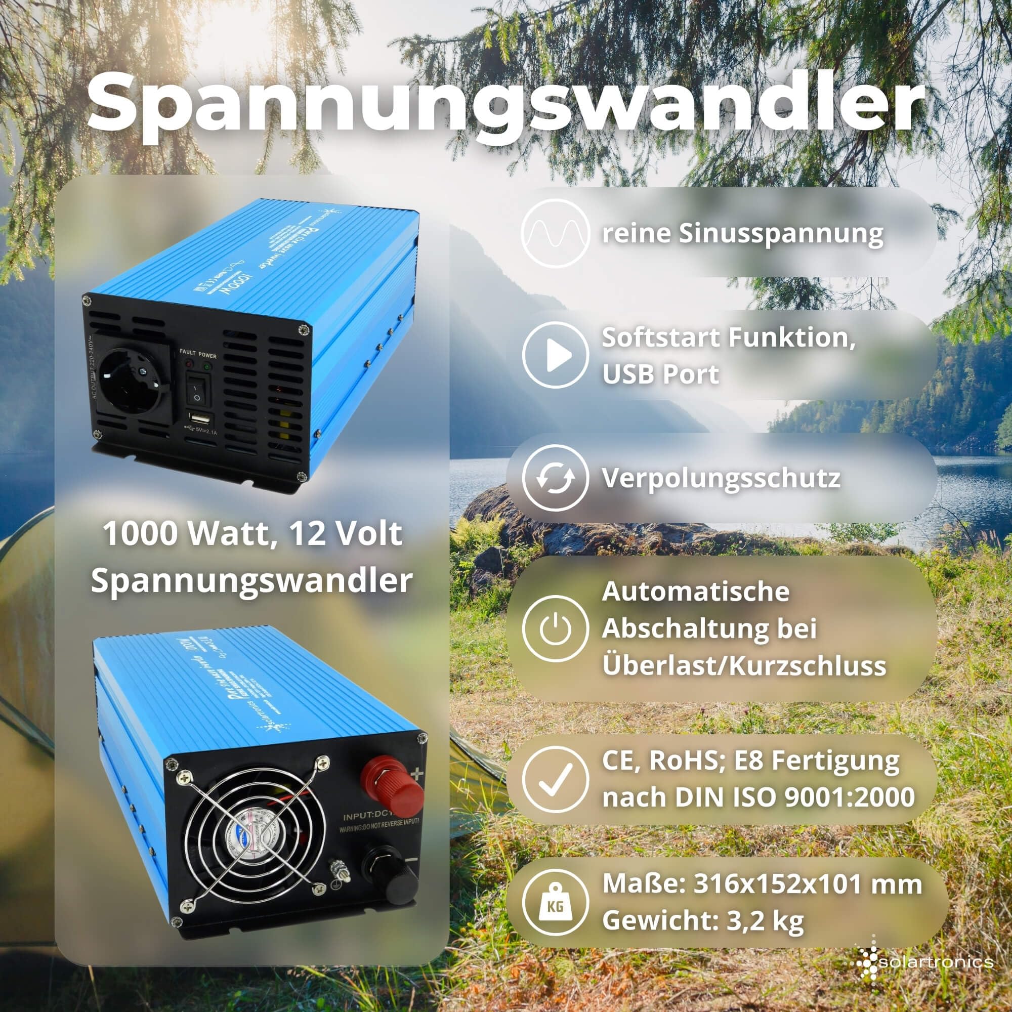 SOLARTRONICS Komplettset 2x120 Watt Solarmodul 1070x580x35, TS 1000W Spannungswandler + 20A Laderegler + Solarkabel + Solarstecker Photovoltaikanlagen Wohnmobil Inselanlage