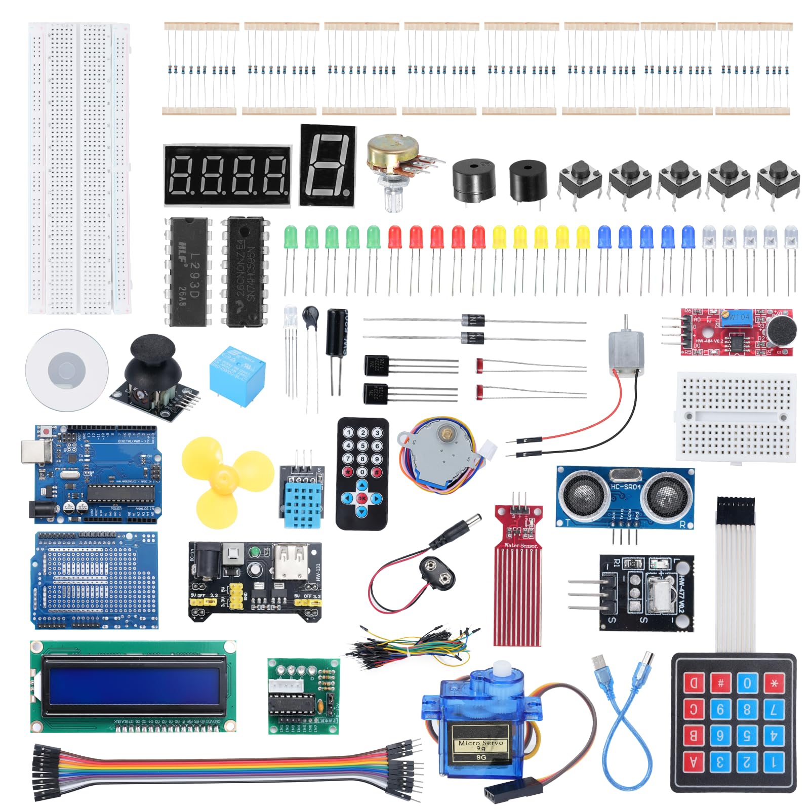Kit de démarrage avec kit électronique Arduino y compris modules Rev3, relais, servo 9G, planche d'essai, différentes LED, capteur, résistance compatible avec le kit de démarrage Arduino avec