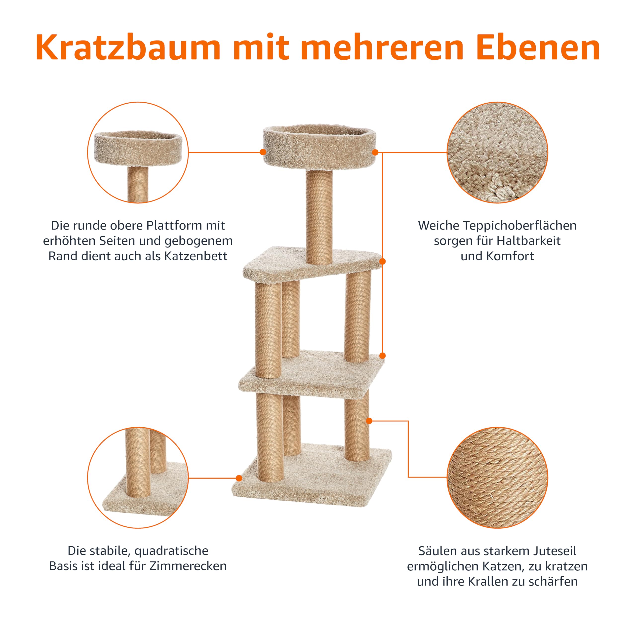 Amazon Basics Kratzbaum mit Kratzstämmen für den Innenbereich, groß, 45 x 45 x 117 cm (L x B x H), Beige