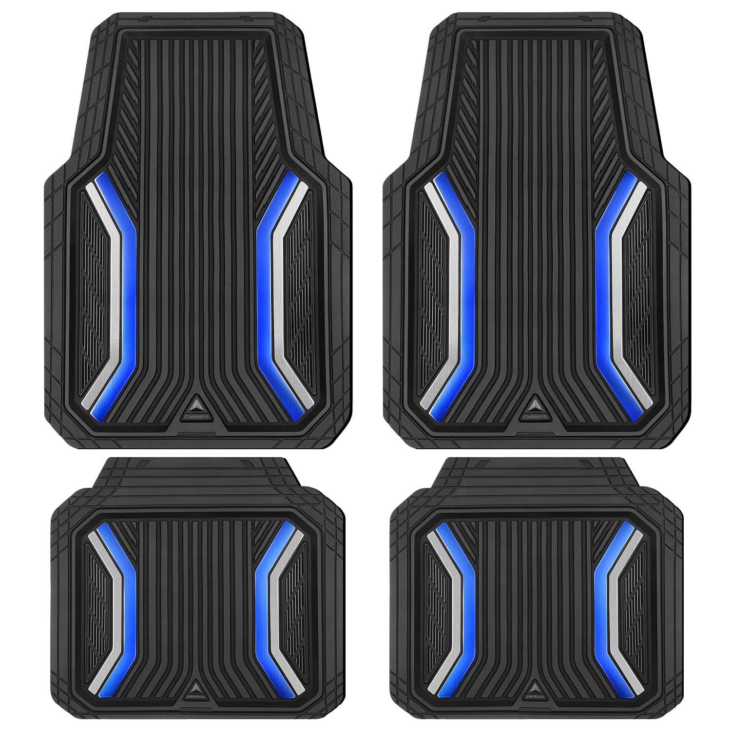 CAR PASS Heavy Duty Rubber Floor Mats for Car, Sporty Waterproof Deep Dish Car Mats, Universal Trim to Fit for SUV Truck Sedans Van, All Weather Non-Slip 4 Piece Automotive Floor Mat Black and Blue