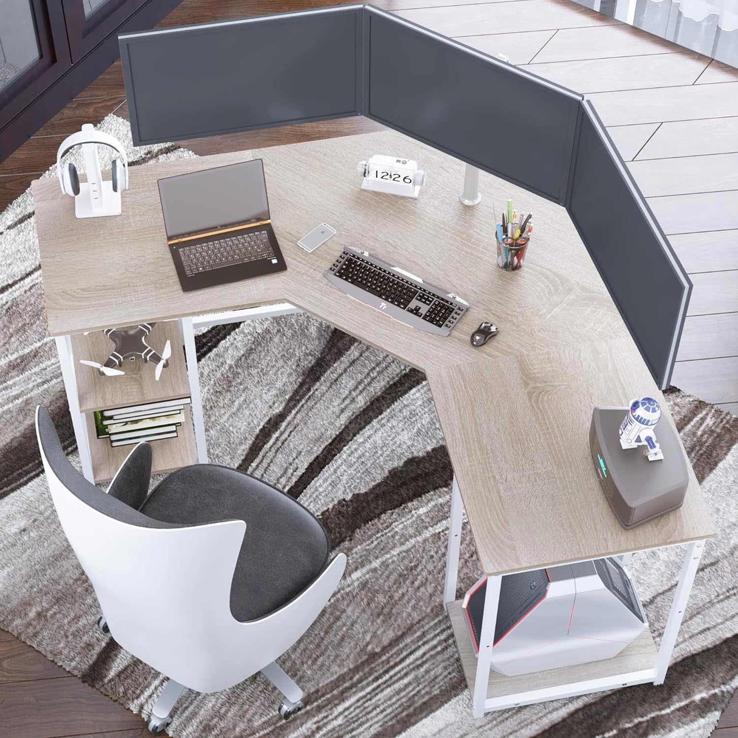 Elephance L-Shaped Computer Desk with a monitor mount installed.