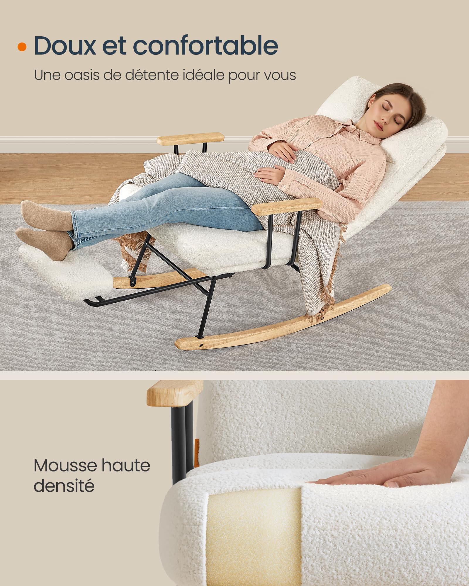 SONGMICS HOME Fauteuil à Bascule, Pieds en Bois d'Hévéa, Tissu Peluche, Chaise à Bascule, Dossier Réglable sur 4 Positions, Supporte jusqu'à 160 kg, pour Chambre, Salon, Blanc Crème LYY016W01