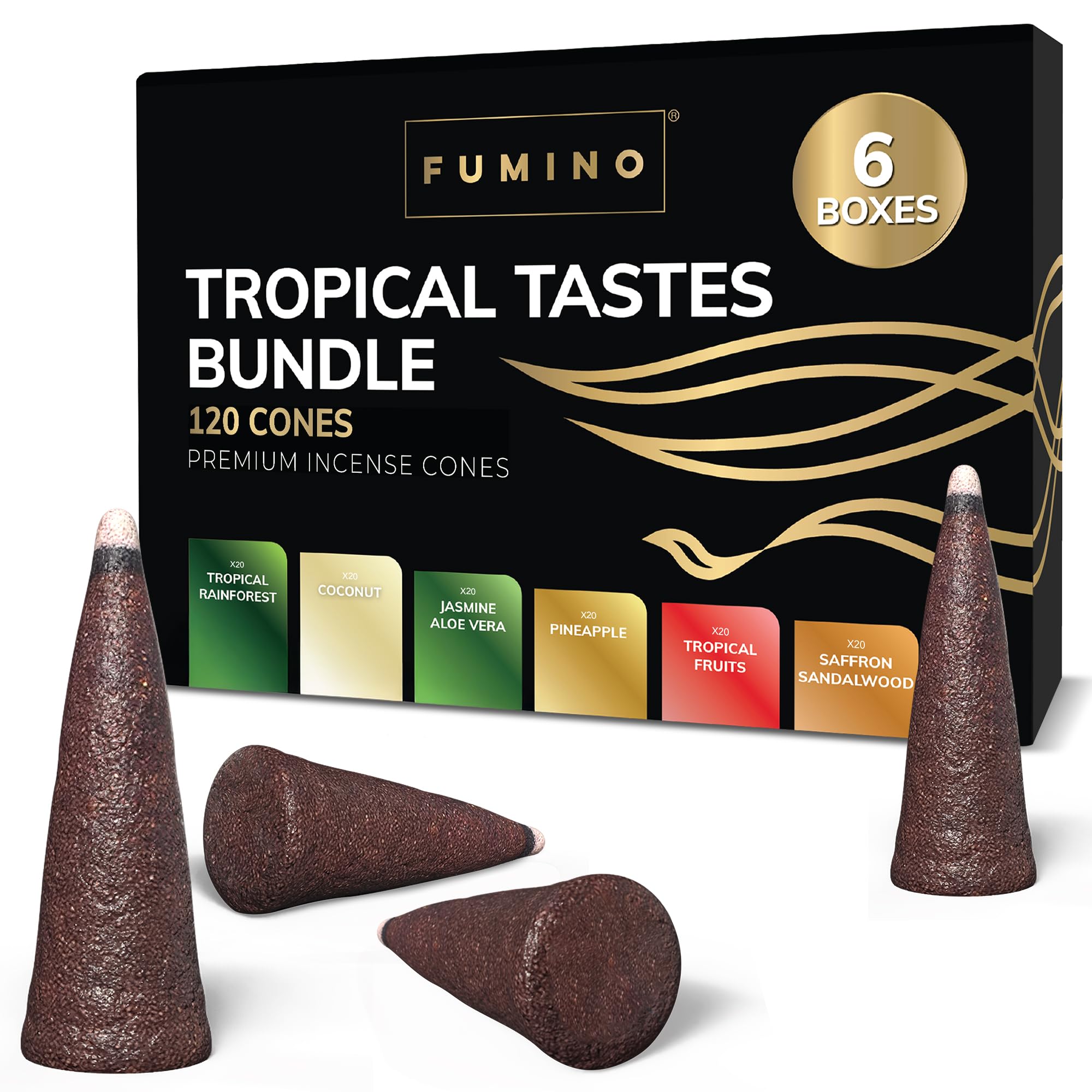 Incense Cones Fumino Fresh Multipack Tropical Tastes Bundle 6 Boxes 120 Pieces Masala Agarbatti Joss Fragrance for Relaxation and Meditation, Home and House Decor Scent