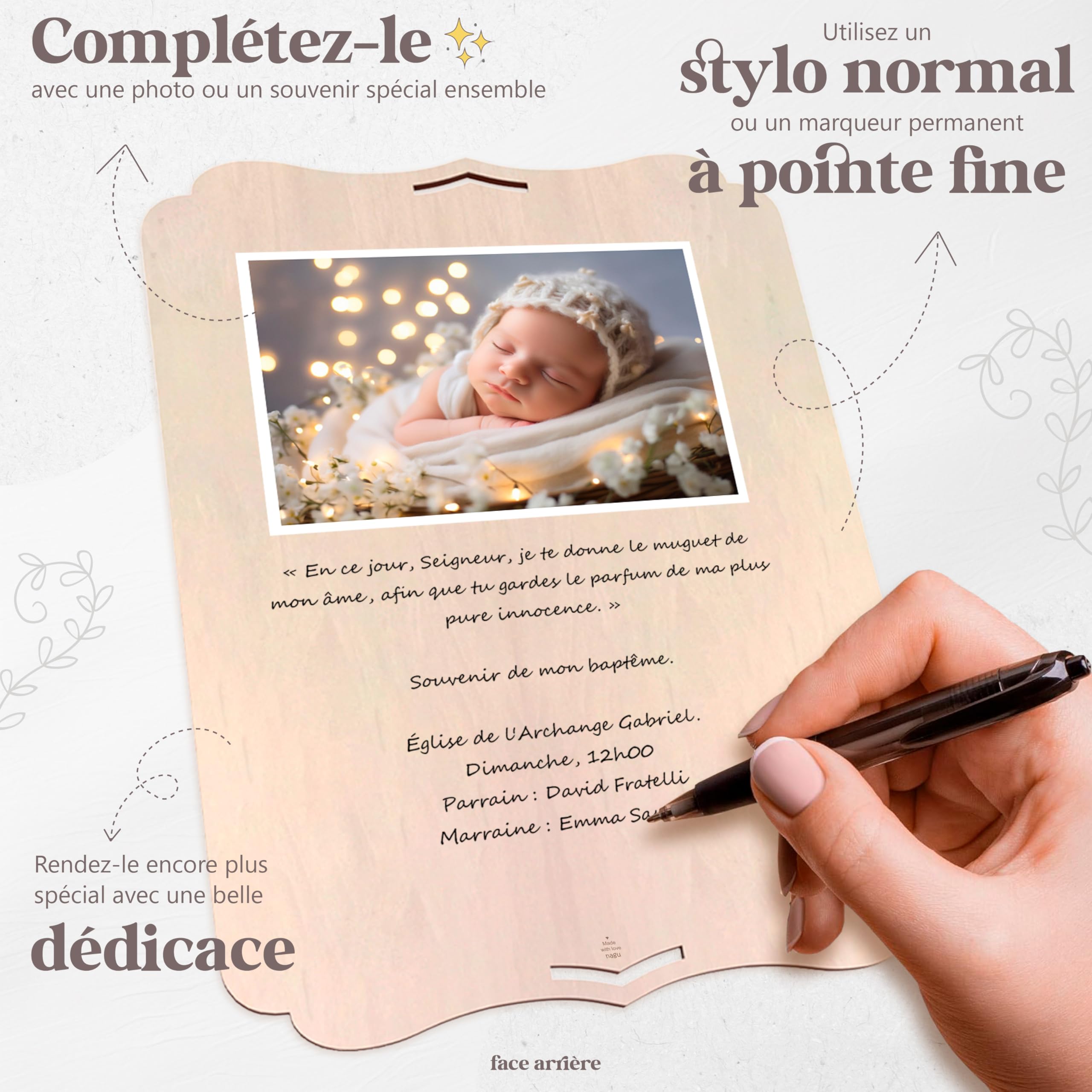 nagu® Baptême Décoration | Panneau Personnalisé en Bois 30x22 cm | Poster Baptême Fille ou Garçon avec Lettres Autocollantes | Pancarte avec Support & Trou pour Accrocher