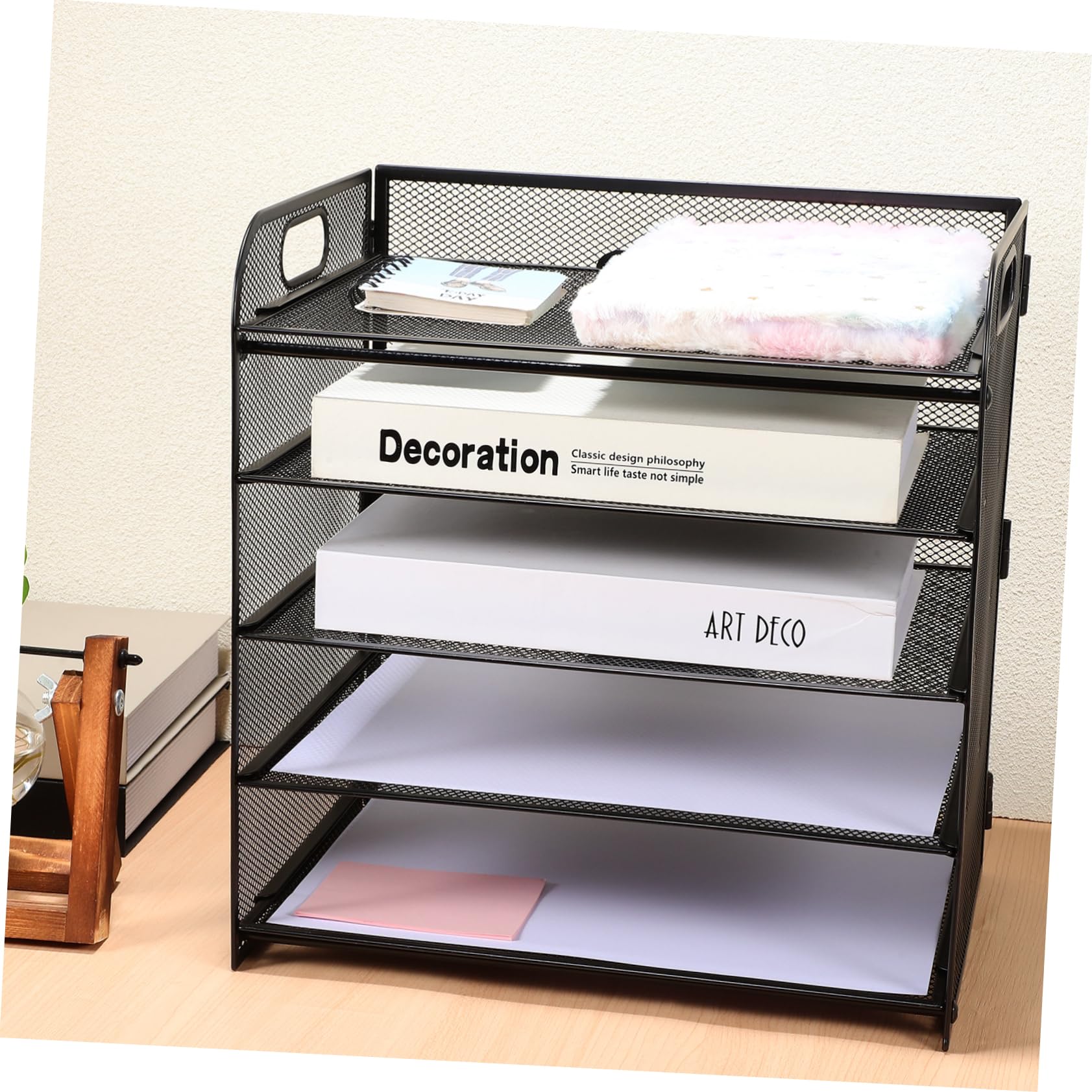 PLAFOPE Portadocumenti Design a Rete Organizzatore da Tavolo Nero in Acciaio al Carbonio a 5 Livelli Facile da Trasportare, per Ufficio e Scrivania Desktop