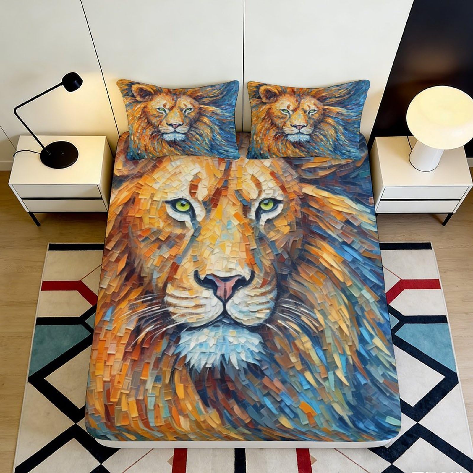 3D Printed Abstract Lion Fitted Sheet Microfiber Soft Breathable Geometric Animal Mattress Cover for Bedroom Guest Room 120x200x25cm