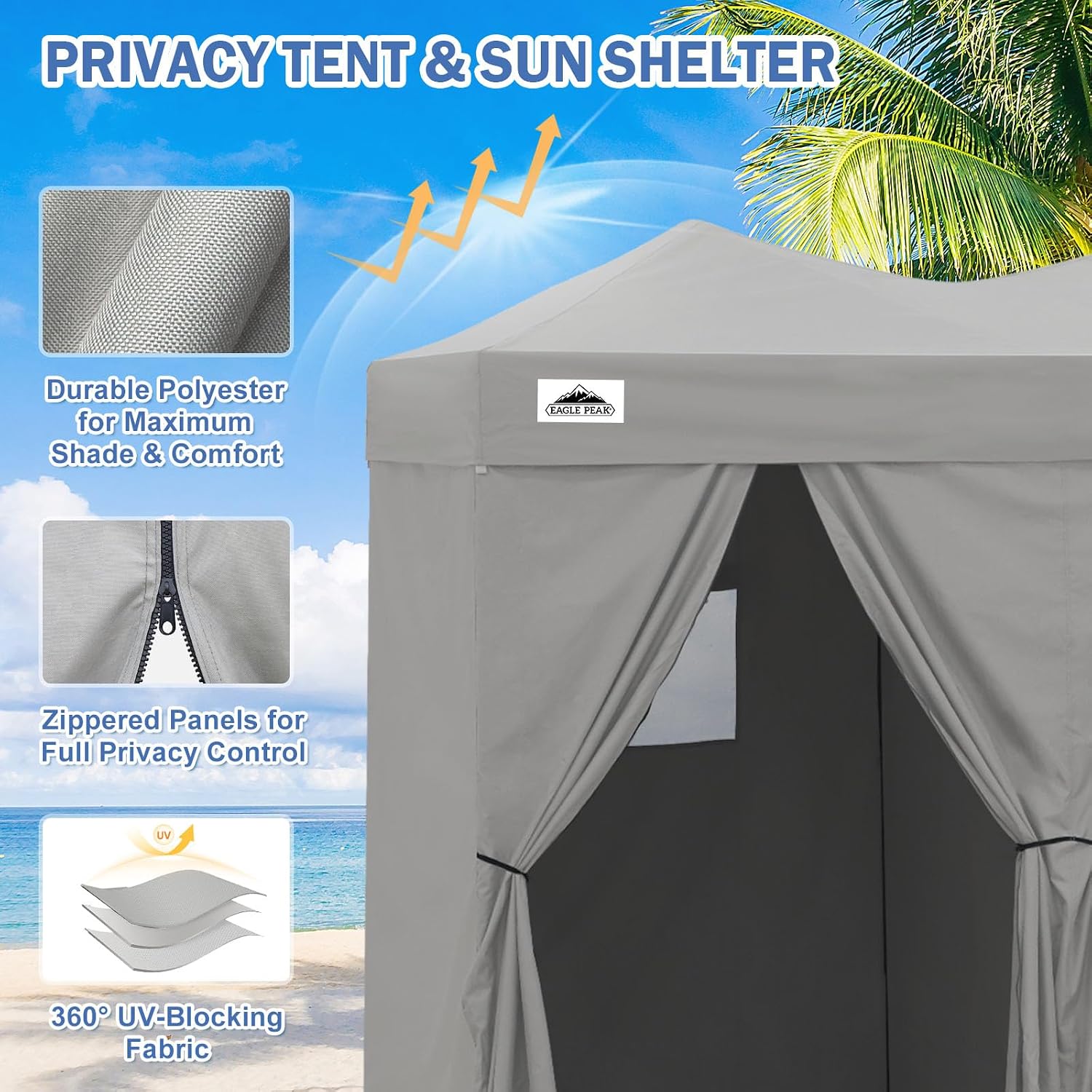 EAGLE PEAK Outdoor Pop Up Changing Room 8x4 ft, 2-Room Portable Privacy Shelter for Beach, Pool, Photoshoots or Dressing Room, Gray