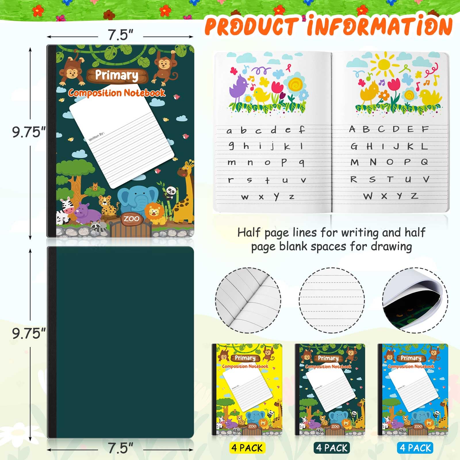Dunzoom Confezione da 12 quaderni per composizione primaria K-2 con spazio per le immagini, grado pre-K K-2, diario primario, libri di composizione per scrittura a mano, disegno, storia, materiale