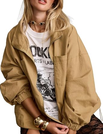 Womens Barn Jacket Loose Drawstring Utility Coat