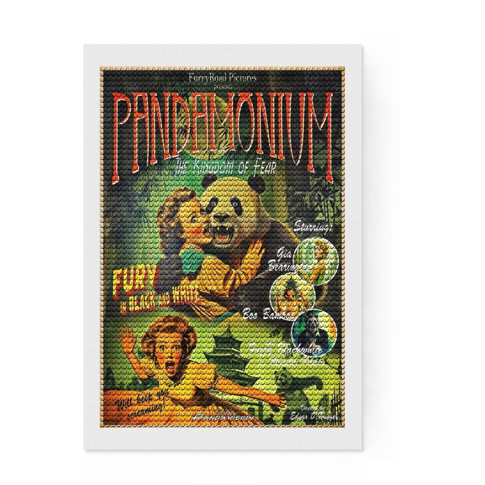 Junmoney Panda Horror Movie Diamond Art Canvas 8"x12", Sparkling Round Gems, Neat Printed Canvas, with Tool Kit, Office Decor, Printed Canvas