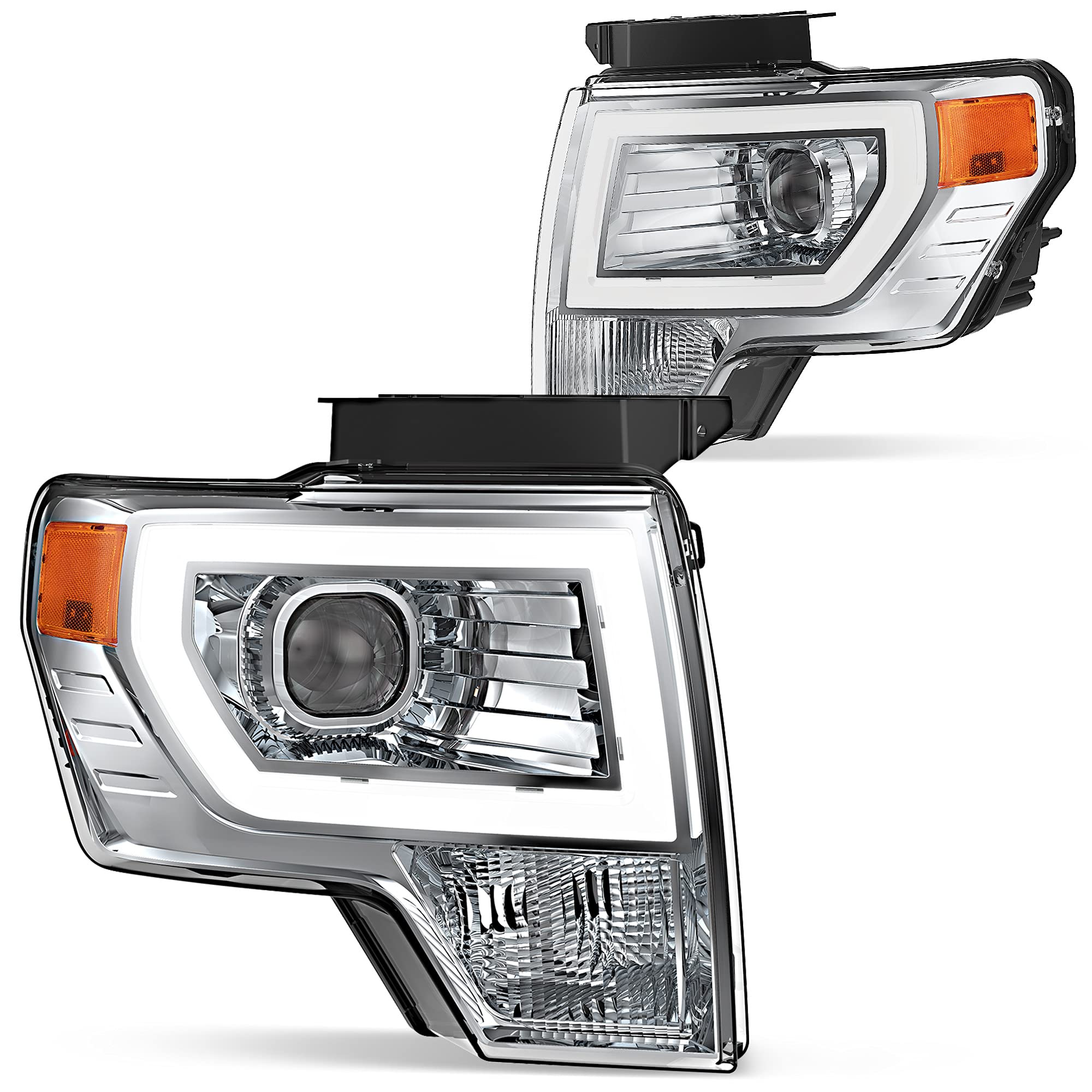 Photo 1 of DWVO Headlights Assembly Compatible with 2009 2010 2011 2012 2013 2014 Ford F150 Chrome Housing Amber Reflector OE Headlamp LED - Chrome/Amber/Clear