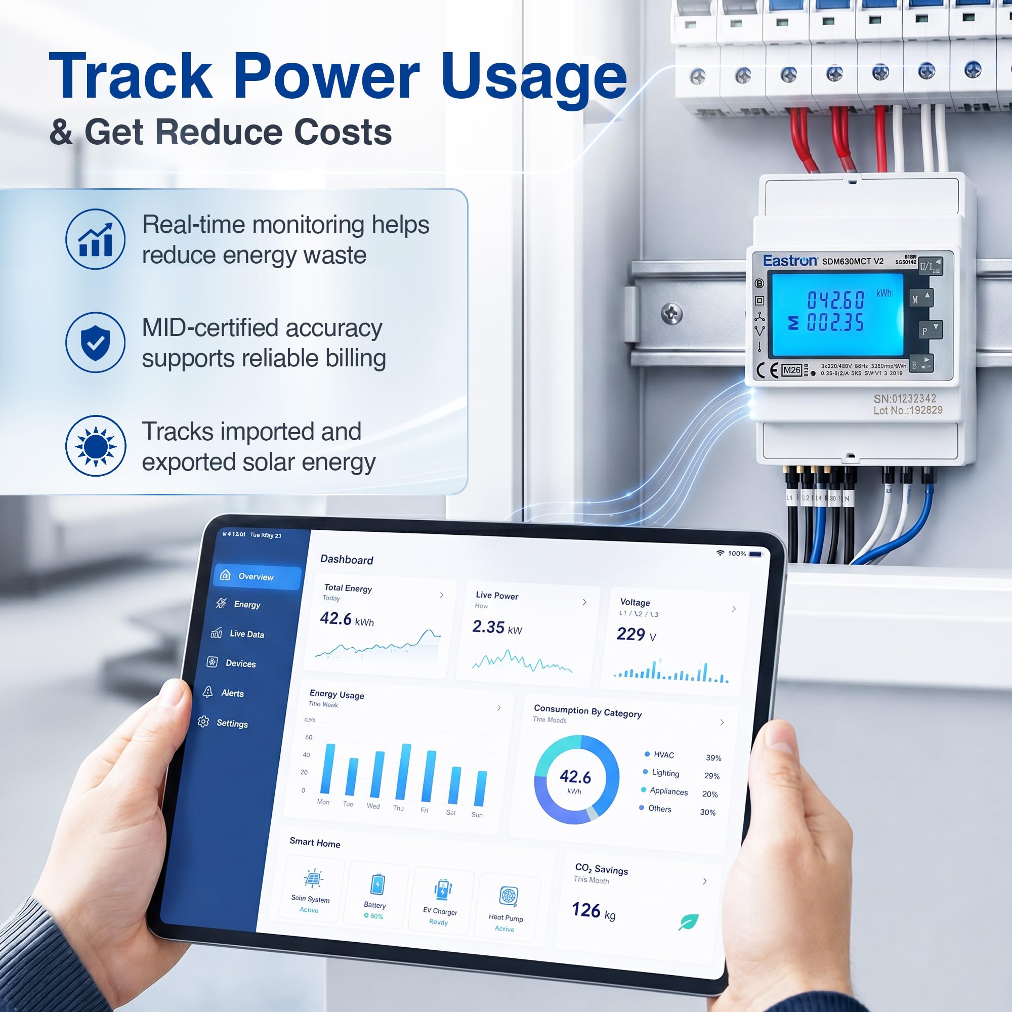 Medidor de electricidad Eastron SDM630MCT V2 - Modbus RS485 RTU Monofásico/trifásico - Medidor inteligente de riel DIN operado por CT, medidor de pulso,. MID/Calibrado
