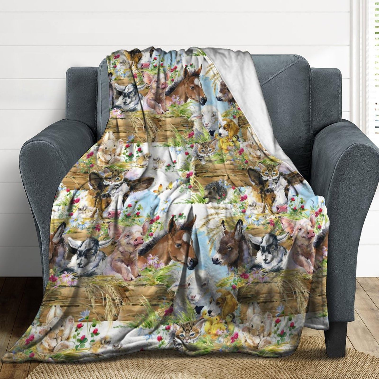 Simpatici animali domestici pollo cane anatra asino gattino gatto maiale floreale morbida flanella coperta da viaggio, soggiorno casa divano decorazione coperta, dormitorio ufficio pisolino coperta