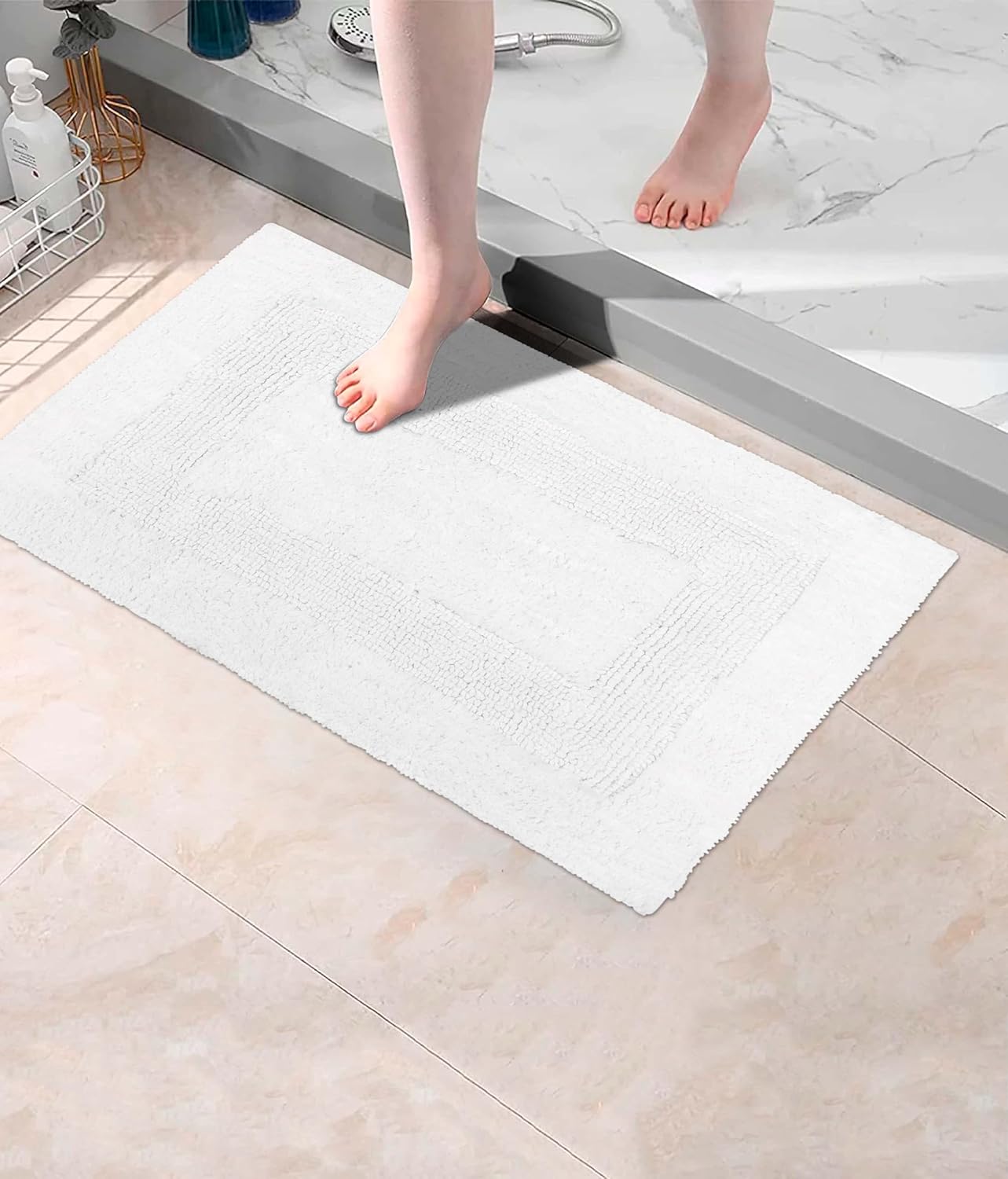 Cotton Craft 2 Piece Reversible Step Out Bath Mat Rug Set 17x24 White, 100% Pure Cotton, Super Soft, Plush & Absorbent, Hand Tufted Heavy Weight Construction, Full Reversible, Rug Pad Recommended
