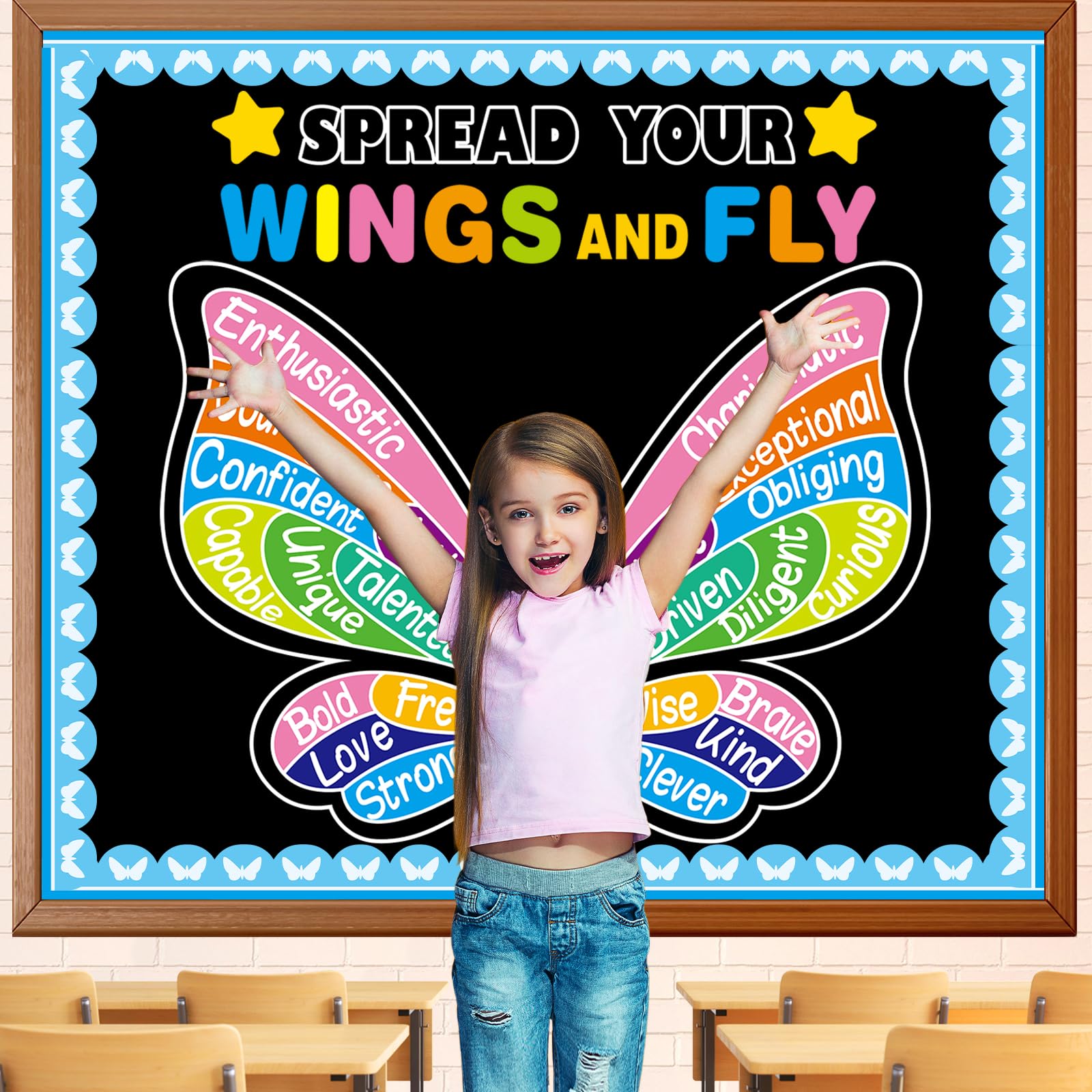Classroom Butterfly Wings Bulletin Board Set Butterfly Motivational Bulletin Board Decoration Colorful Spread Your Wings and Fly Paper Cutouts for School Office Home Nursery Chalkboard Door Wall Decor