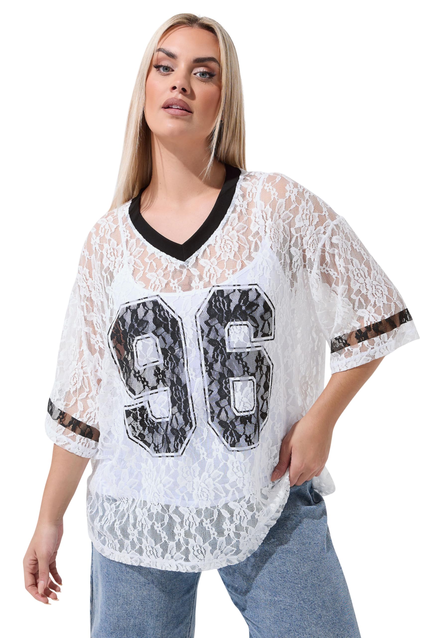Yours Women's White Lace '96' T-Shirt In | : 22/24