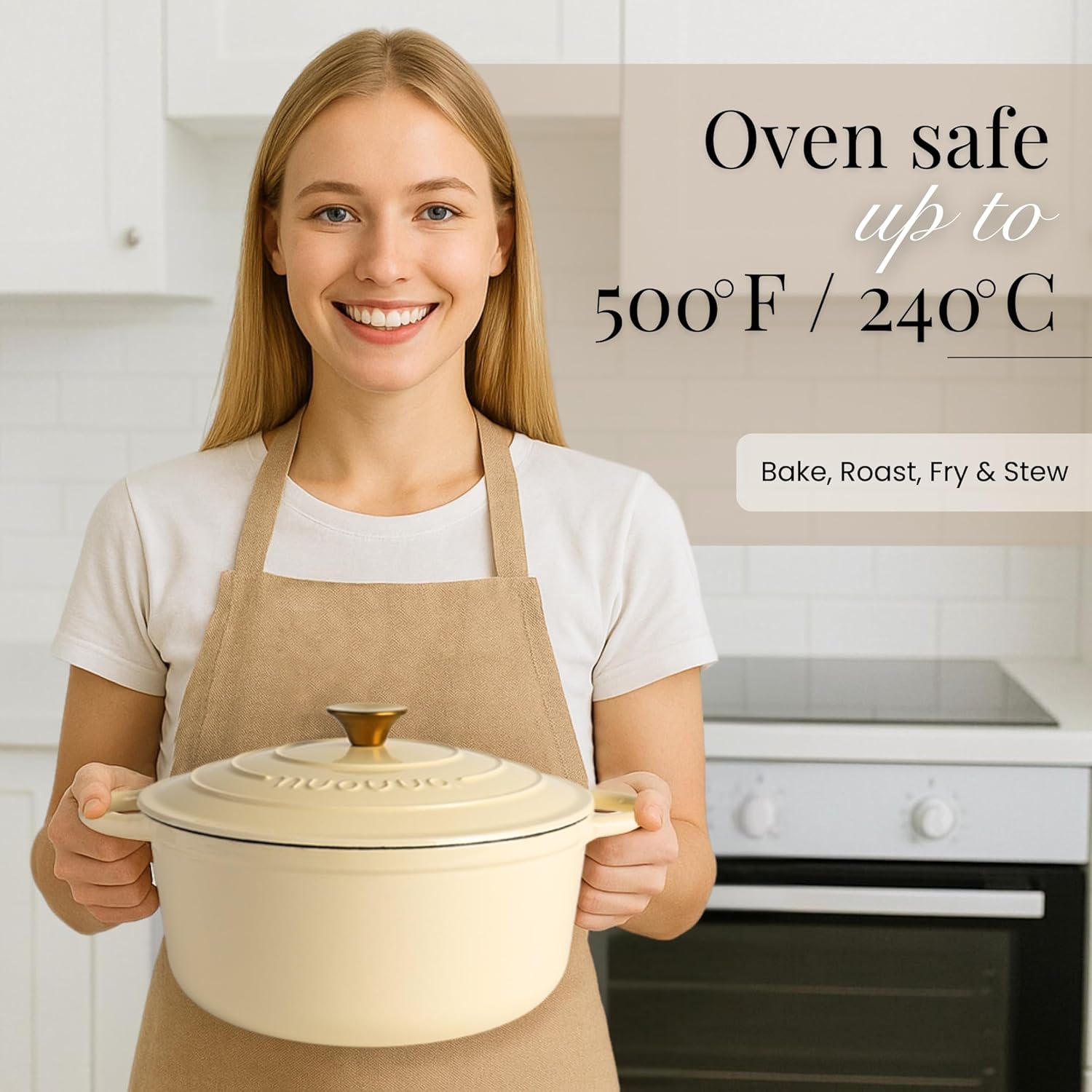 Nuovva Enamelled Cast Iron Dutch Oven Pot with Lid – 6.4 Quart Non Stick Casserole Pot – Heavy Duty & Oven Safe up to 500° F for Bread Baking, Braising, Stews, Roasting – 28cm Cream - Image 5