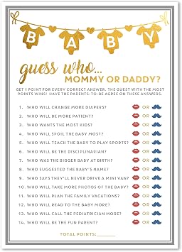 Party Hearty Baby Shower Games, Guess Who Mommy or Daddy - Gold | 50 Gold Cards, Guess Who Game, Fun Activity Cards, Baby Shower Activity