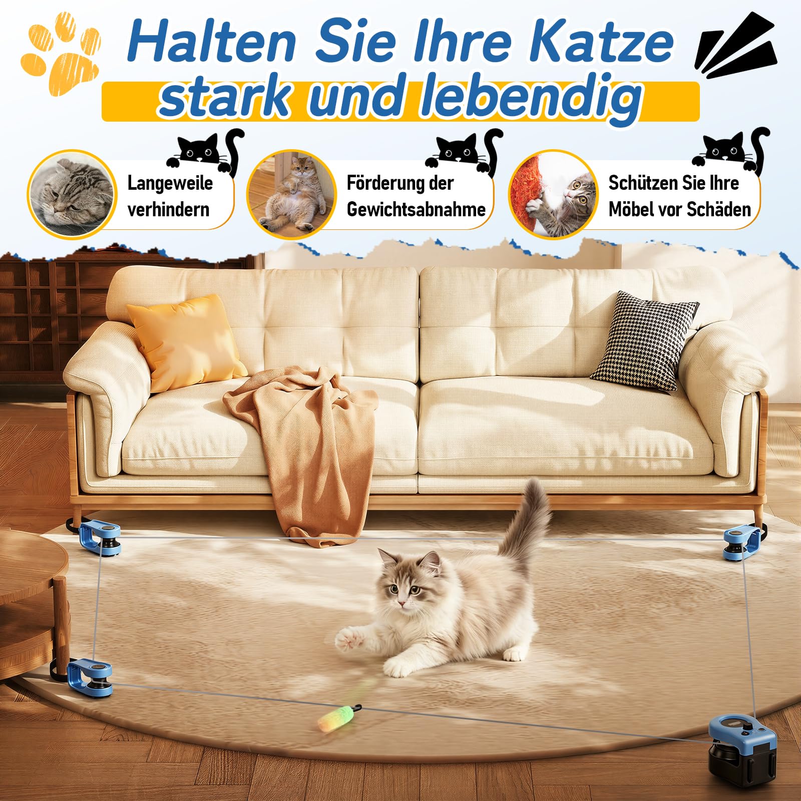 Elektrisches Katzenspielzeug 1-zu-3, interaktives Katzen Spielzeug mit Fernbedienung, USB wiederaufladbar, blau, Jagdspiel mit Mausgeräusch, für Wohnungskatzen, Bewegung und Beschäftigung