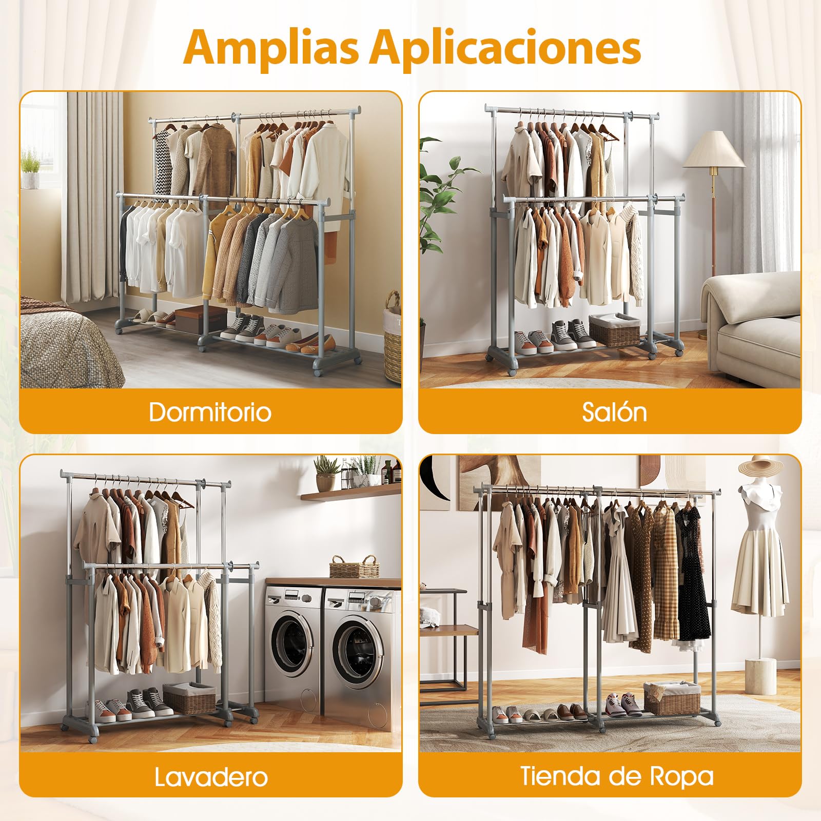 COSTWAY Burro Ropa con Ruedas, Perchero Burro de Doble Barra, Altura y Ancho Extensibles, Metálico, Perchero de Pie Lavandería Dormitorio Salon, 167.5 x 44 x 168,5 cm, Plata