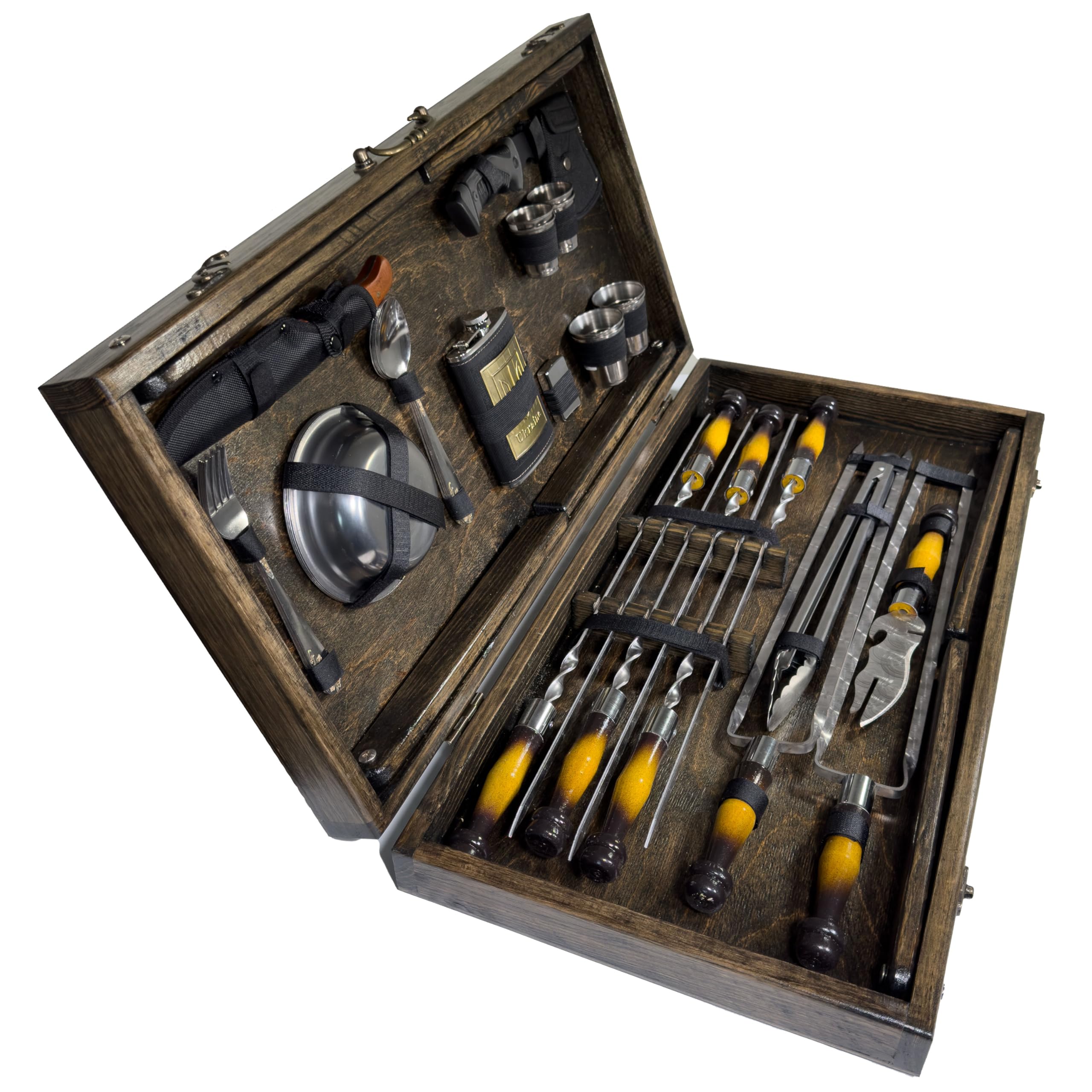 BBQ Grill Geschenkset im Holzkoffer mit Tischfunktion & ukrainischer Symbolik – Premium Grillzubehör für Männer - Geschenk Flasche – Outdoor Grillset für Camping & Garten