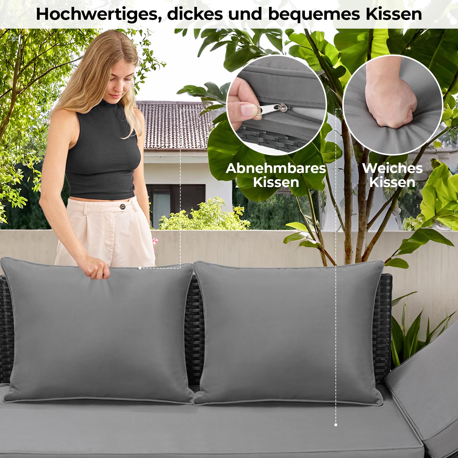LIFERUN Banc de Jardin en polyrotin avec Fonction allongée, 2 Places, canapé de Jardin en rotin synthétique, avec accoudoirs réglables, résistant aux intempéries, pour terrasse, Jardin, Balcon, Noir