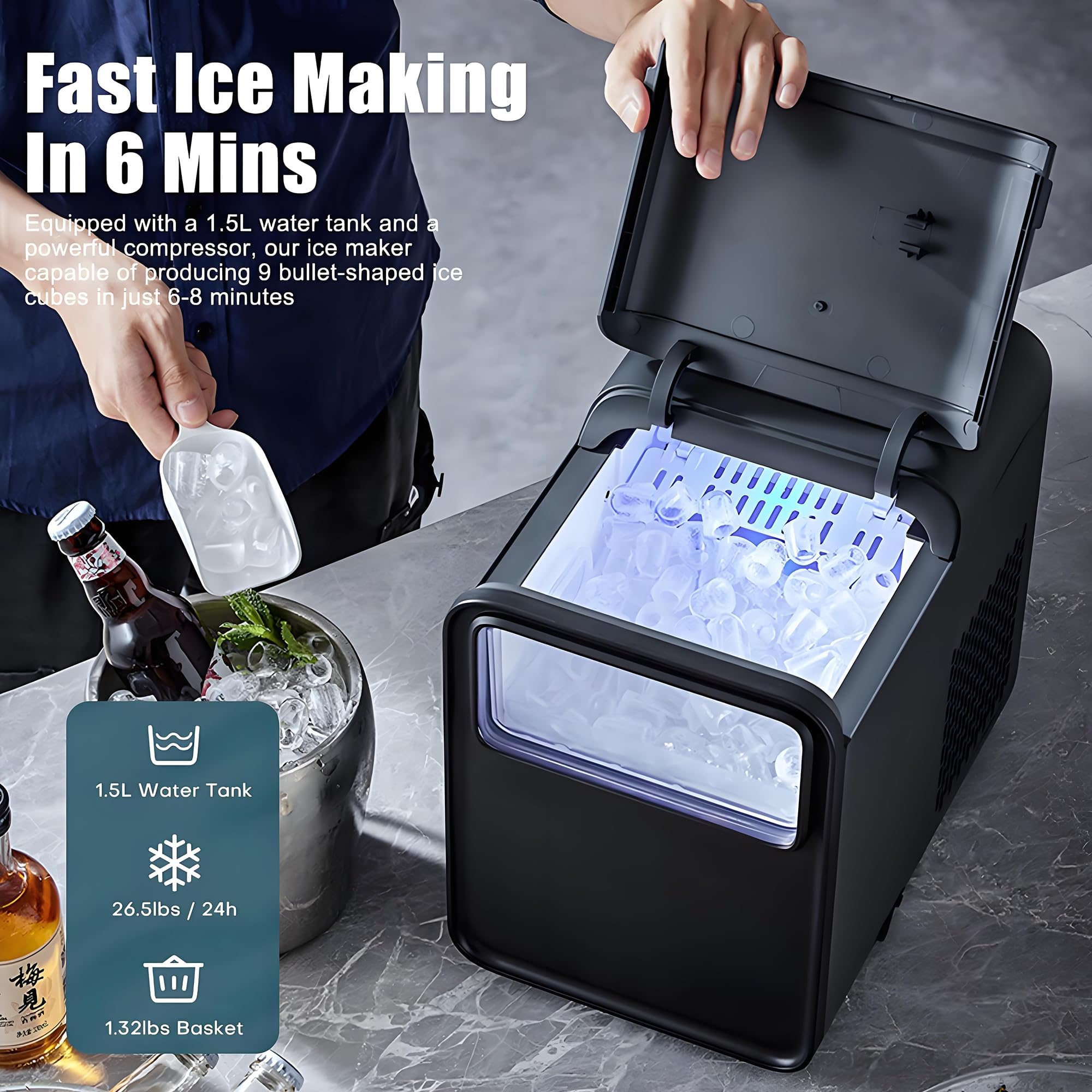 Máquina De Hielo Portátil Con Congelador Y Grosor De Hielo Ajustable, Capacidad De 12 Kg/26 Lb En 24 H, Autolimpieza Automática, Ideal Para El Hogar, Fiestas U Oficina.