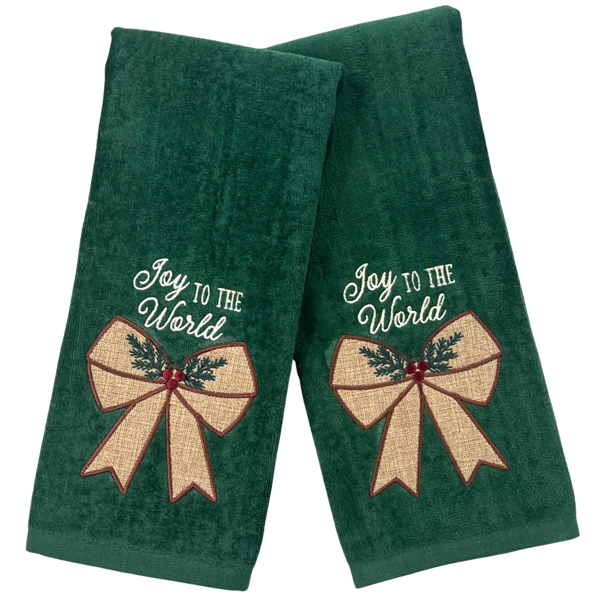 Serafina Home Christmas Bathroom Hand Towels – Set of 2 Green 100% Cotton Embroidered Phrase “Joy to The World” with Bow, Evergreen & Red Berries – 25