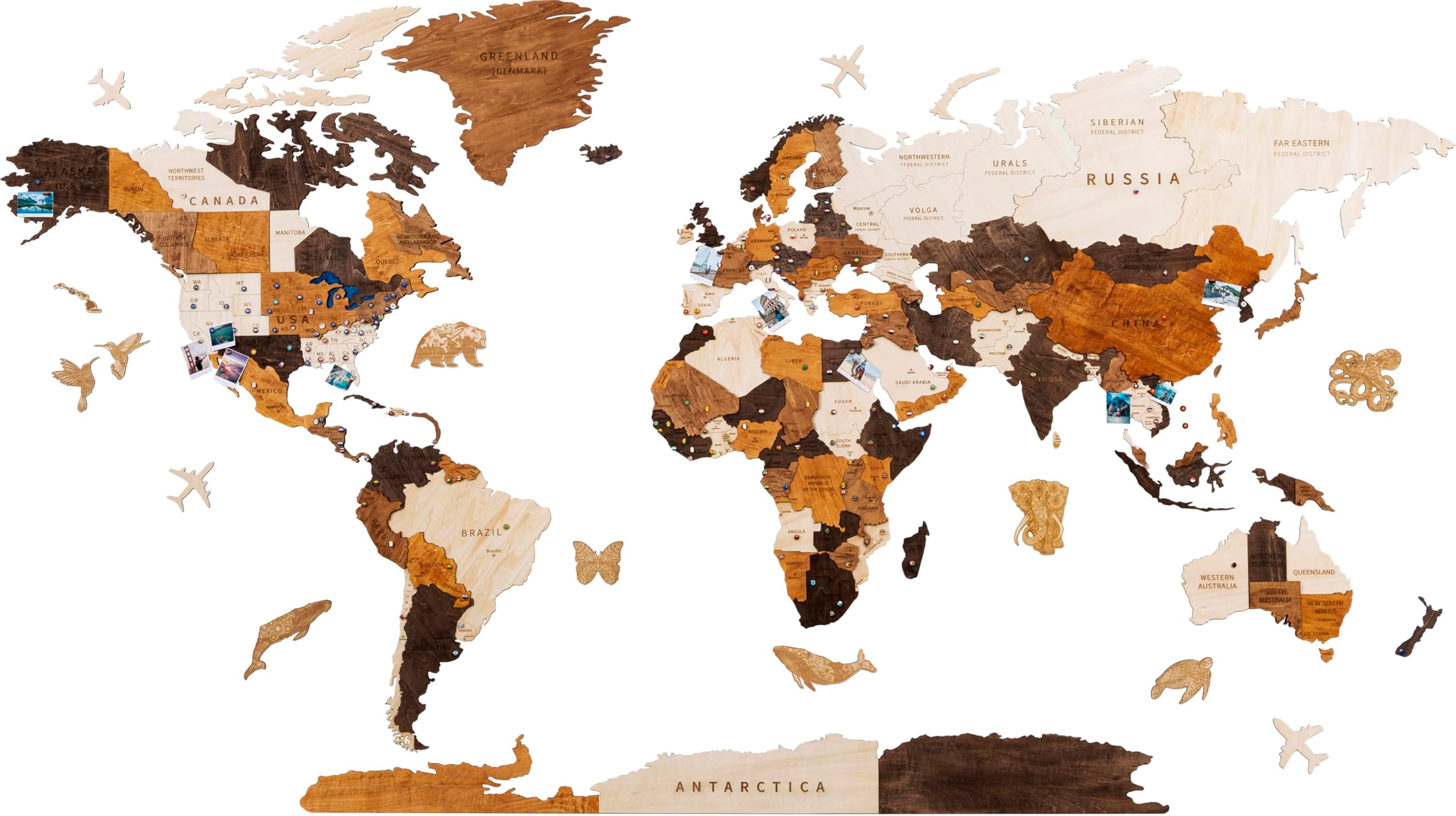 HYPERI Multilayered 3D Wooden World Map Wall Decor, Wood Art Wall Decor, Mapa Mundi Para Pared, World Maps and Push Pins, Christmas, Gifts for Mother's Day, Father's Day(Large)