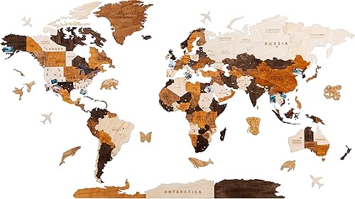 HYPERI Decoración de pared de mapa del mundo de madera 3D multicapa, decoración de pared de arte de madera, mapa mundi para pared, mapas del mundo y